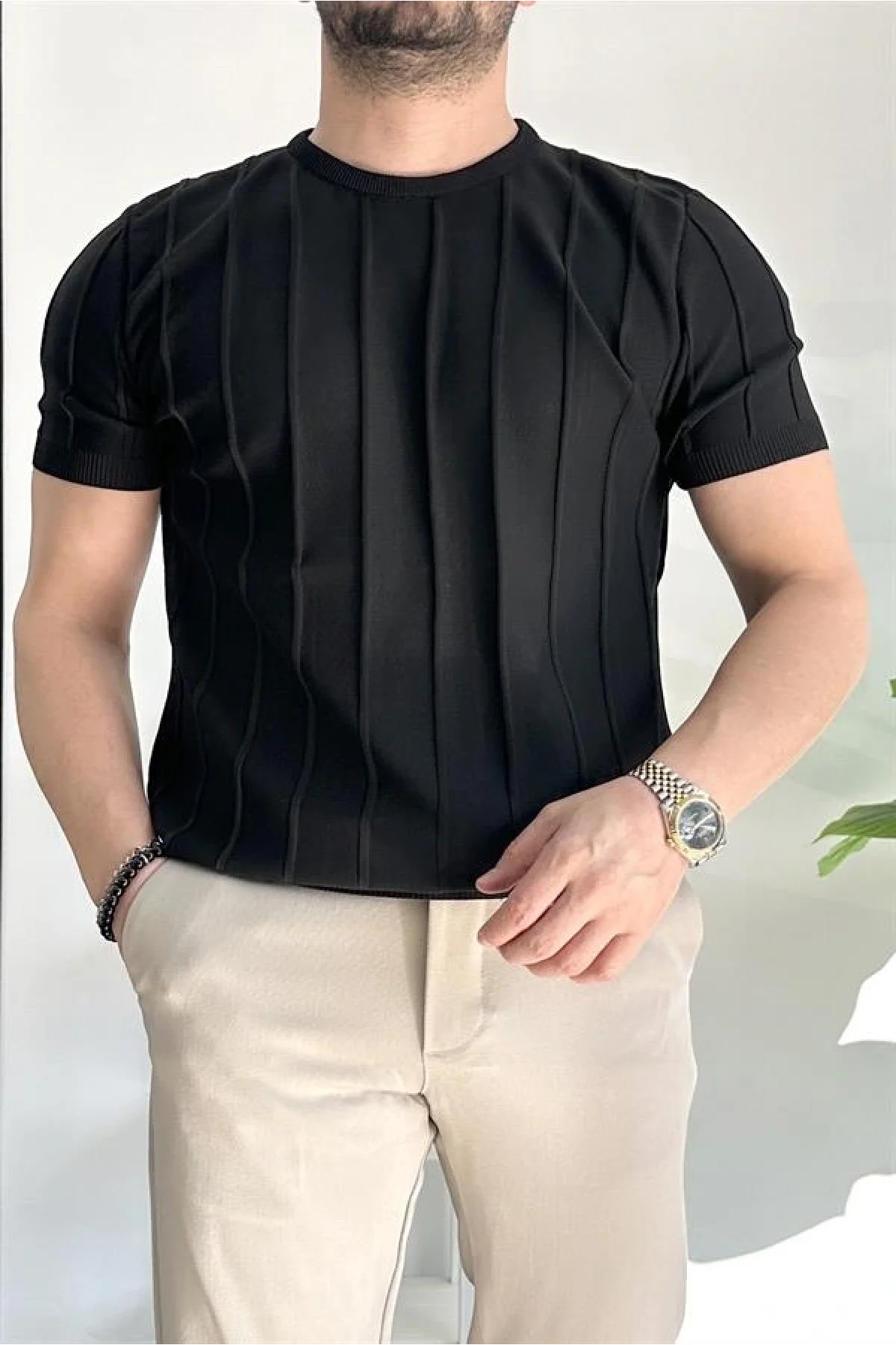 Erkek Bisiklet Yaka Desenli Tişört Siyah Edw260