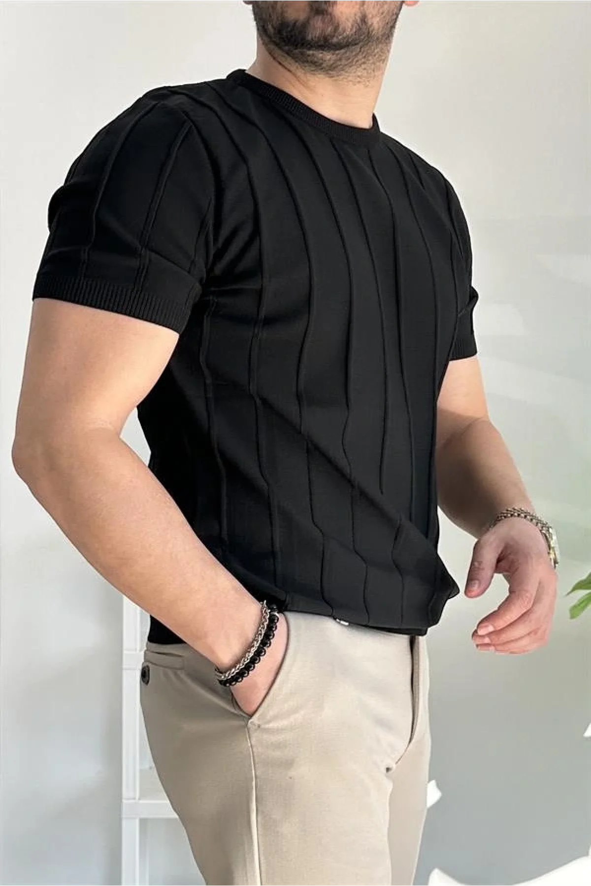 Erkek Bisiklet Yaka Desenli Tişört Siyah Edw260