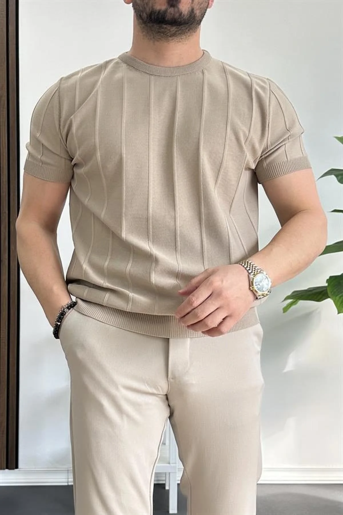 Erkek Bisiklet Yaka Desenli Tişört Vizon Edw260