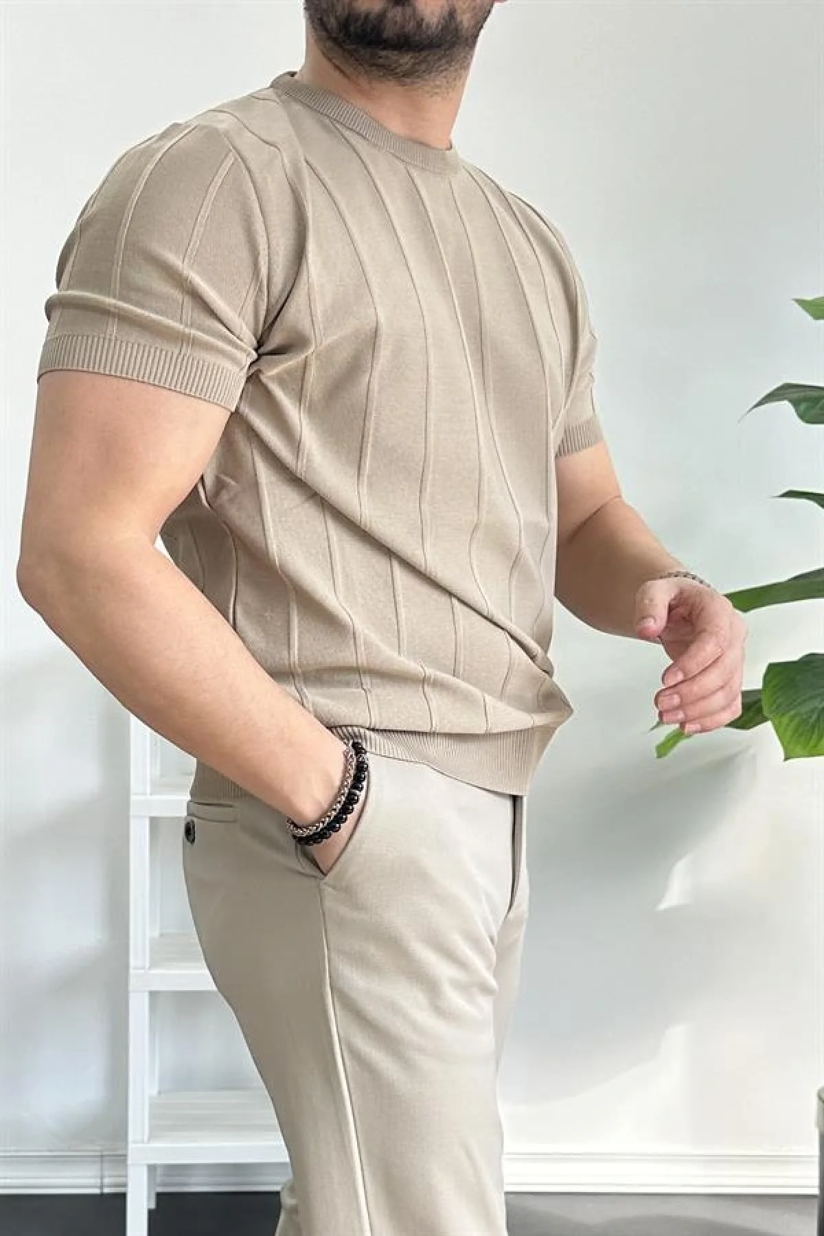 Erkek Bisiklet Yaka Desenli Tişört Vizon Edw260