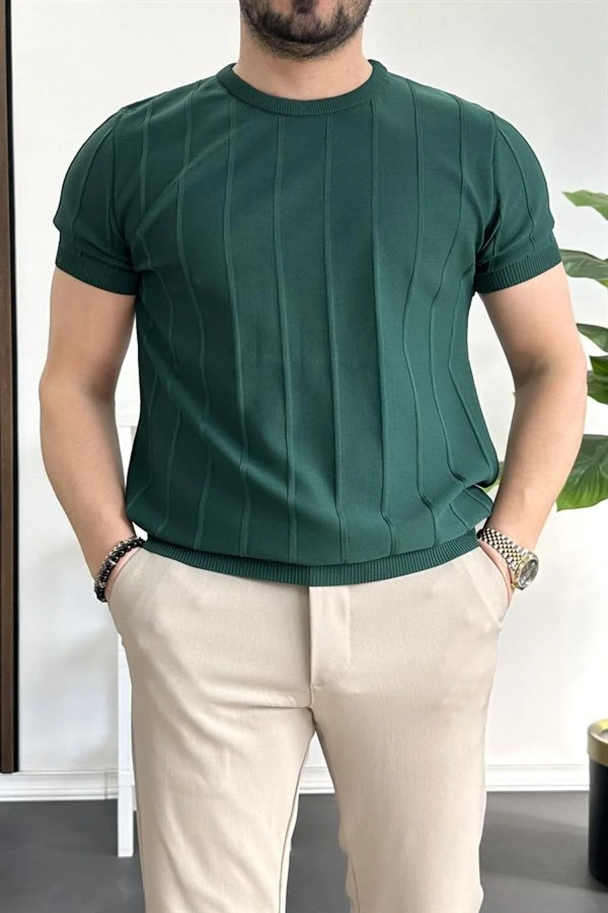 Erkek Bisiklet Yaka Desenli Tişört Yeşil Edw260