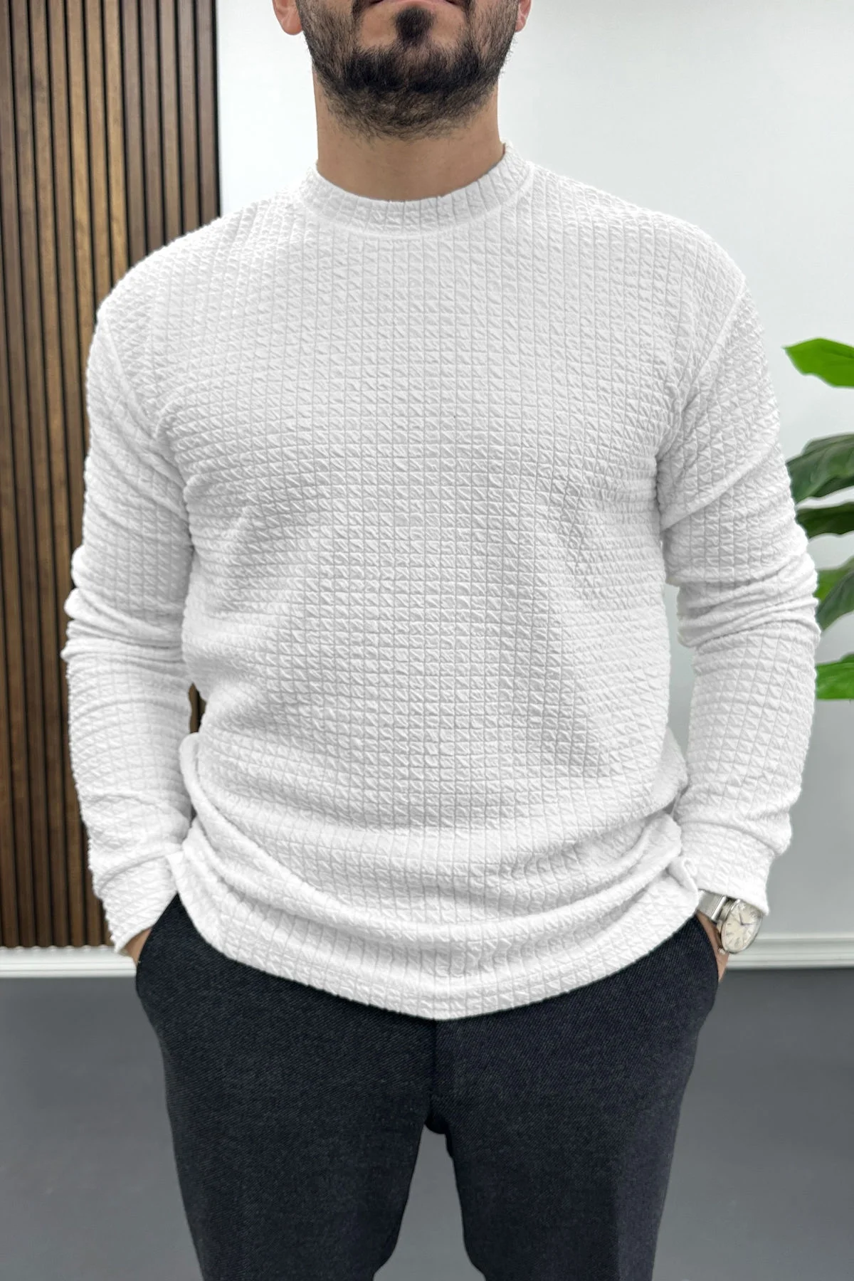 Erkek Bisiklet Yaka Sweatshirt Beyaz Edw436