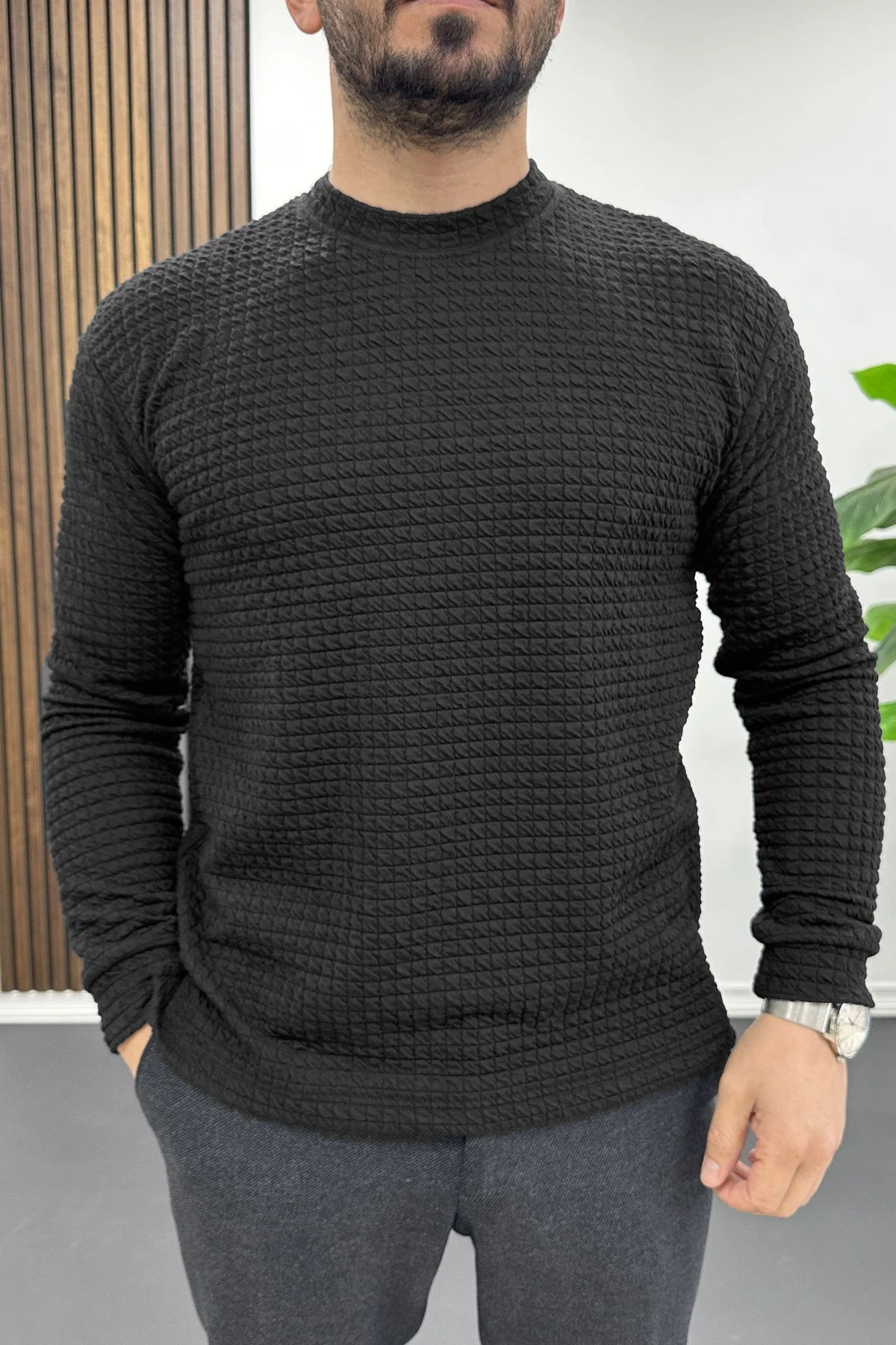 Erkek Bisiklet Yaka Sweatshirt Siyah Edw436