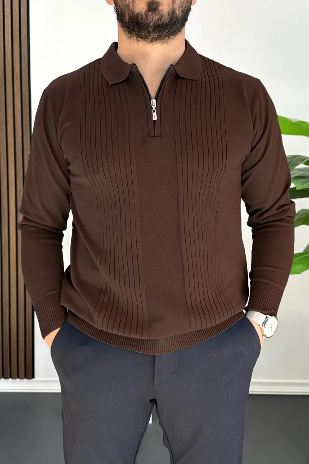 Erkek Çizgi Desenli Normal Kalıp Kazak Koyu Kahverengi Edw422