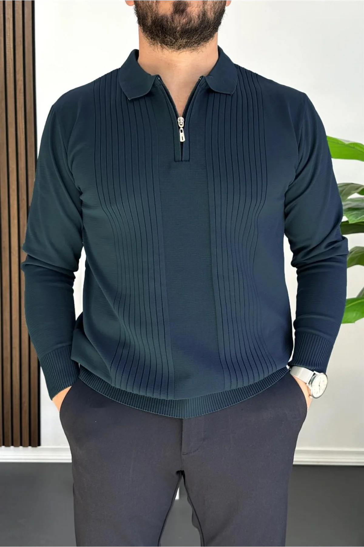 Erkek Çizgi Desenli Normal Kalıp Kazak Lacivert Edw422