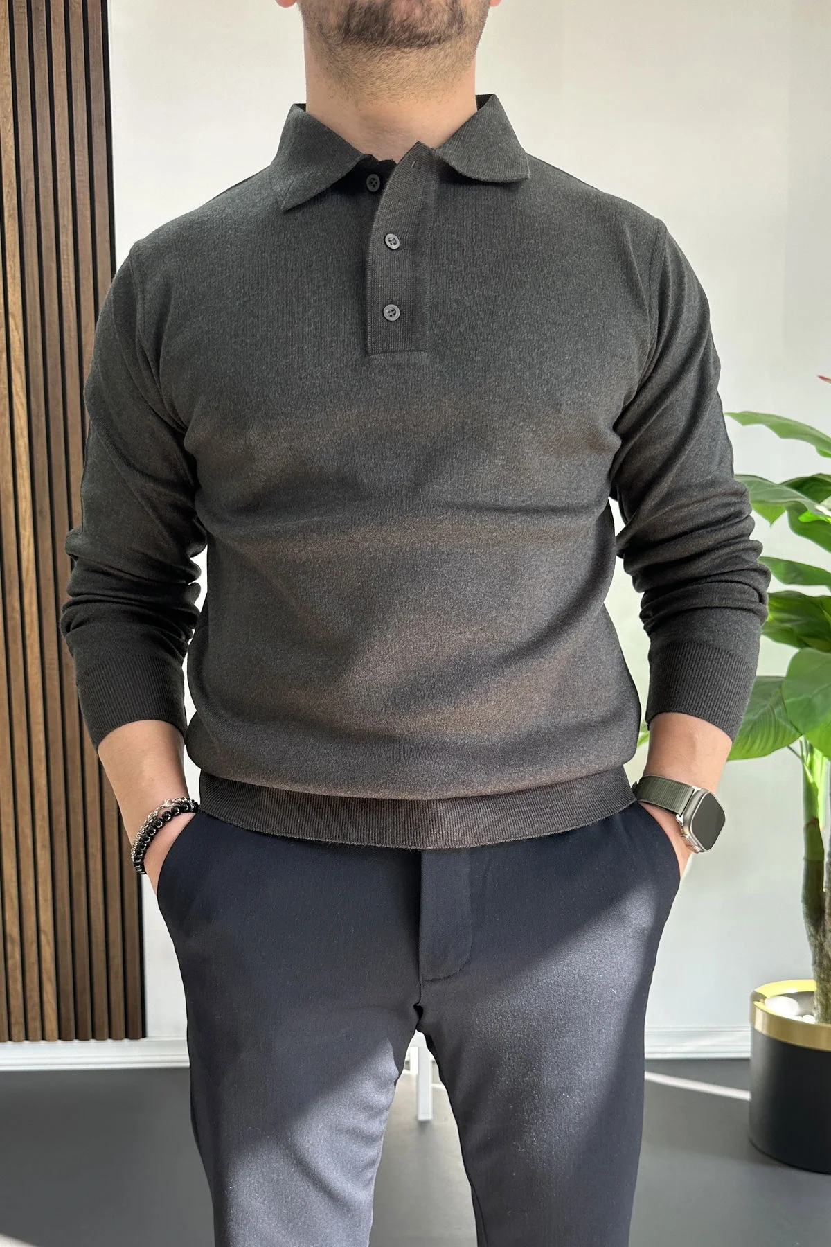 Erkek Düğmeli Polo Yaka Kazak Antrasit Edw231