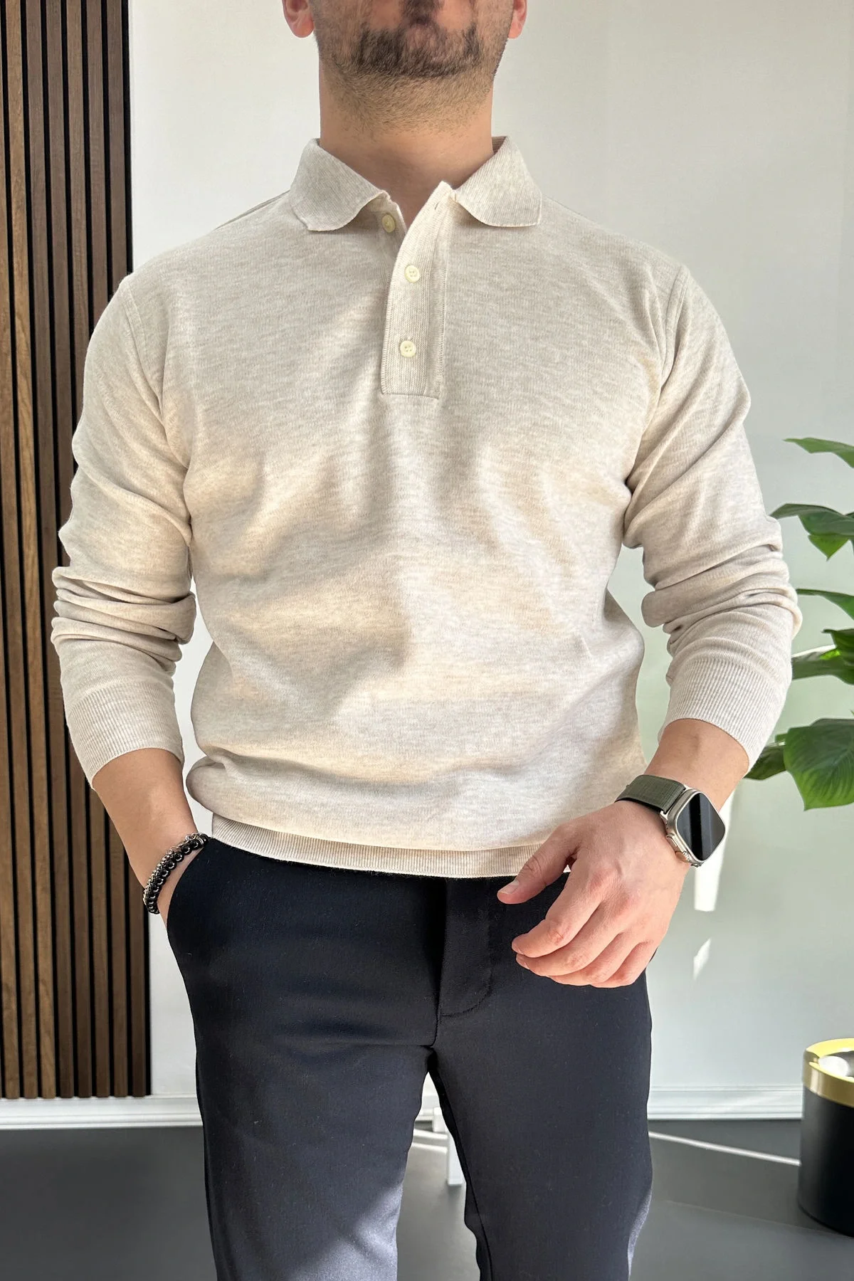 Erkek Düğmeli Polo Yaka Kazak Bej Edw231