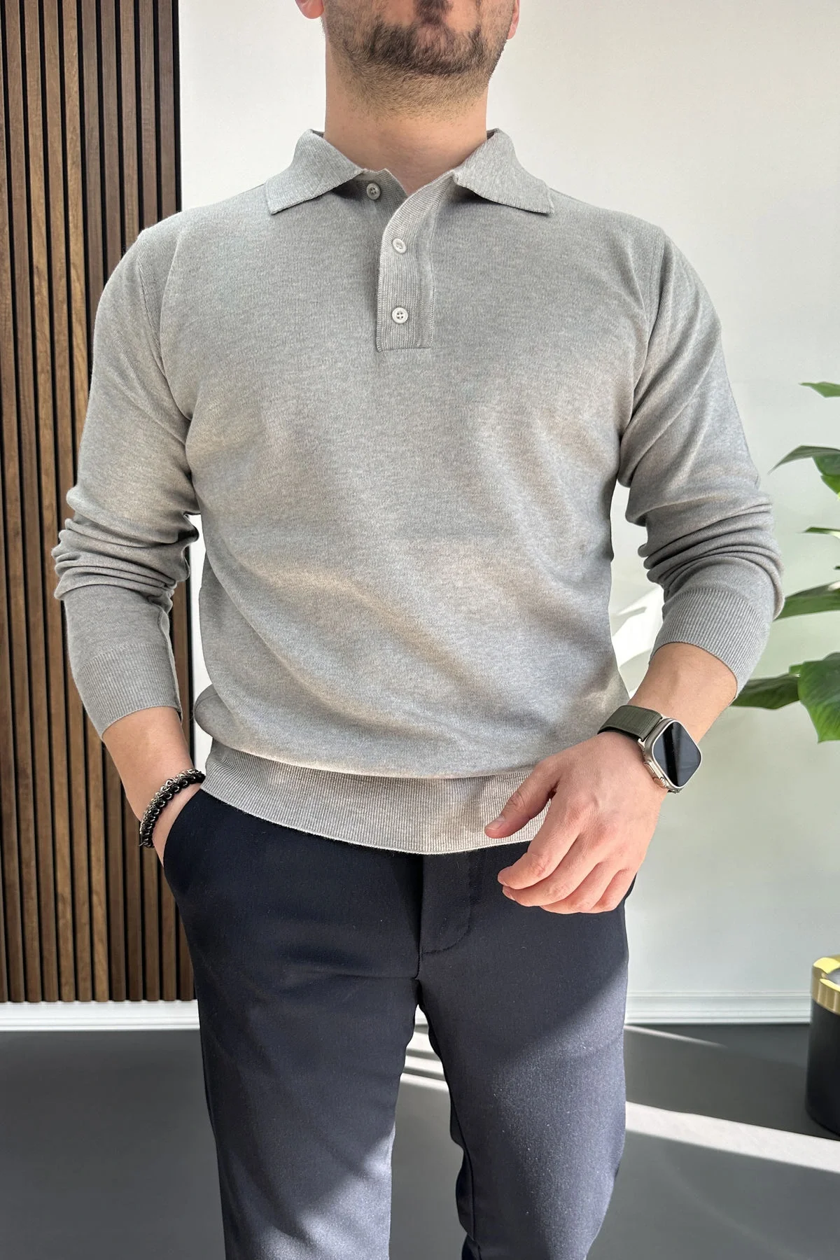 Erkek Düğmeli Polo Yaka Kazak Gri Edw231