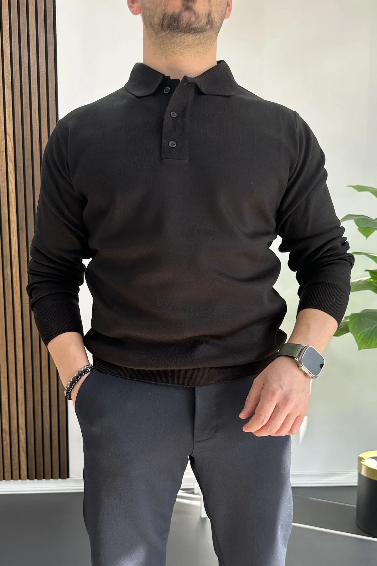 Erkek Düğmeli Polo Yaka Kazak Siyah Edw231
