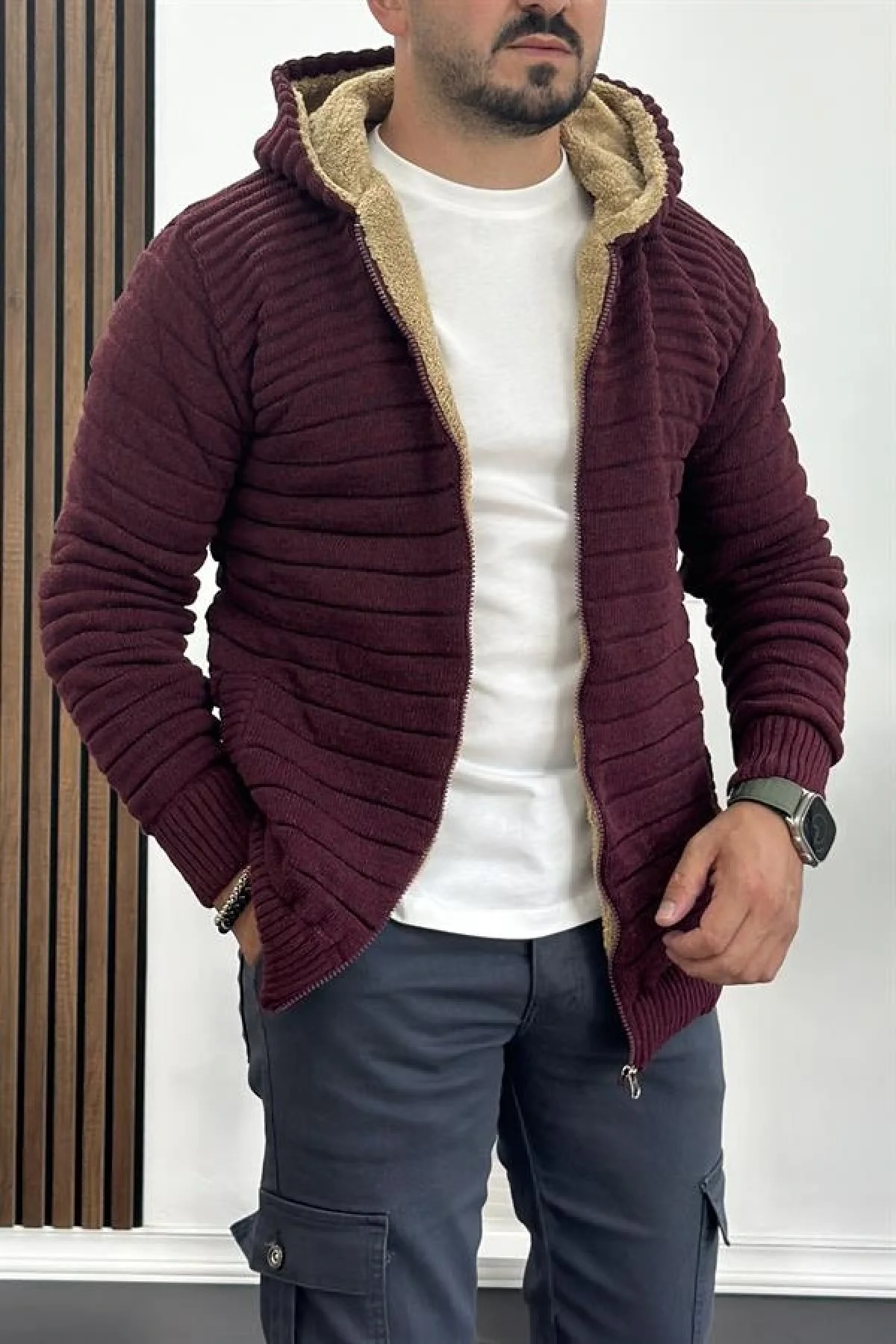 Erkek İçi Kürklü Kapüşonlu Fermuarlı Triko Hırka Bordo T743