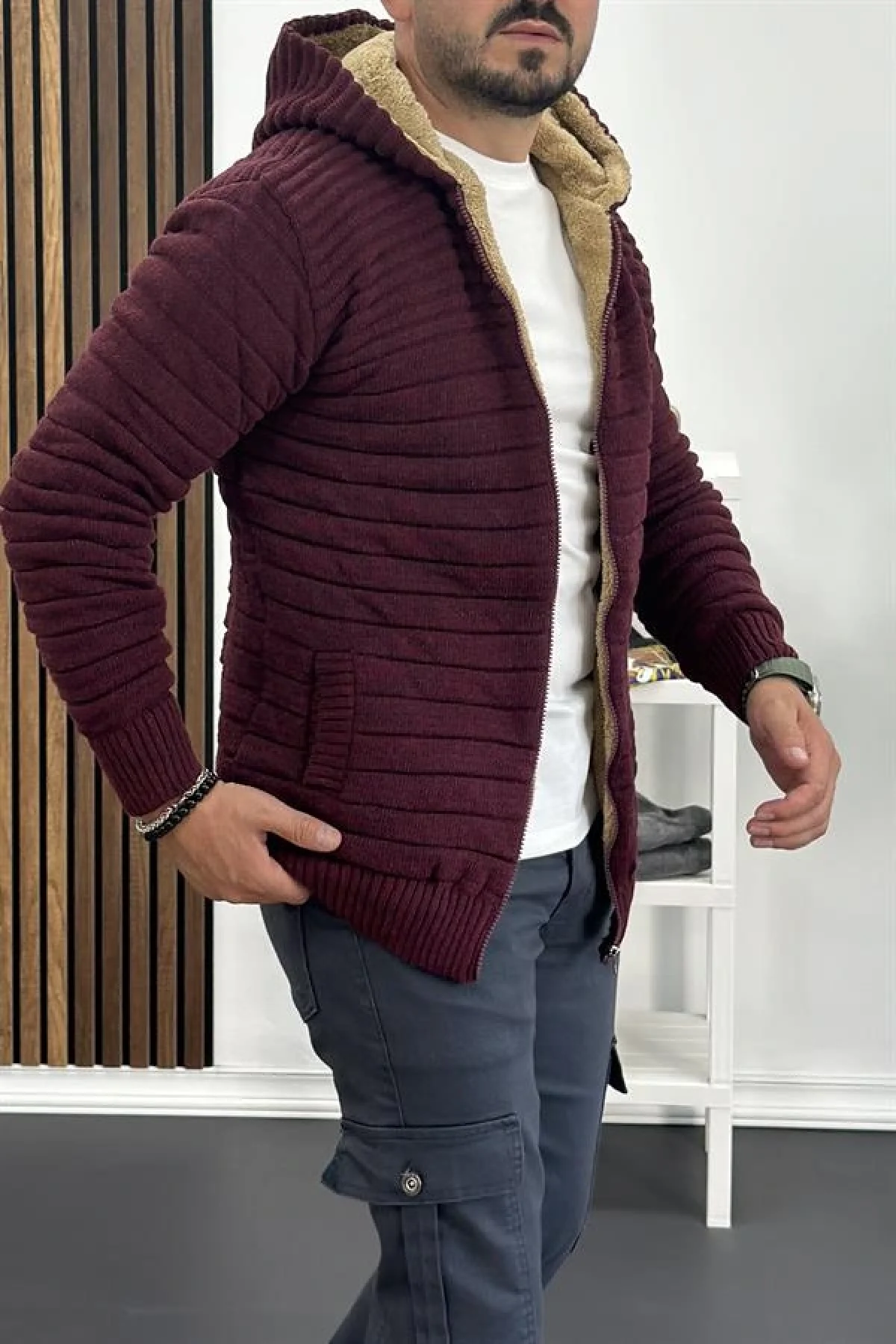 Erkek İçi Kürklü Kapüşonlu Fermuarlı Triko Hırka Bordo T743