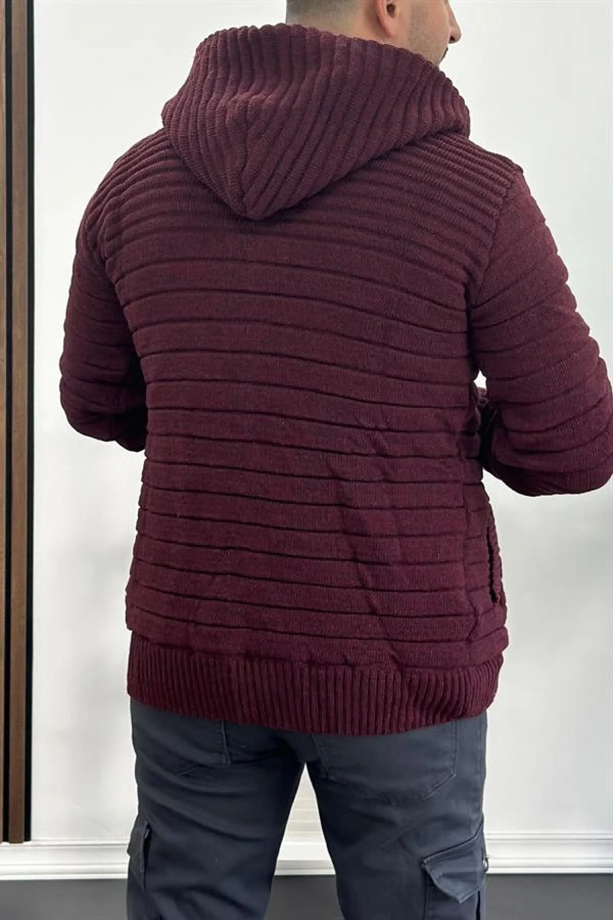 Erkek İçi Kürklü Kapüşonlu Fermuarlı Triko Hırka Bordo T743