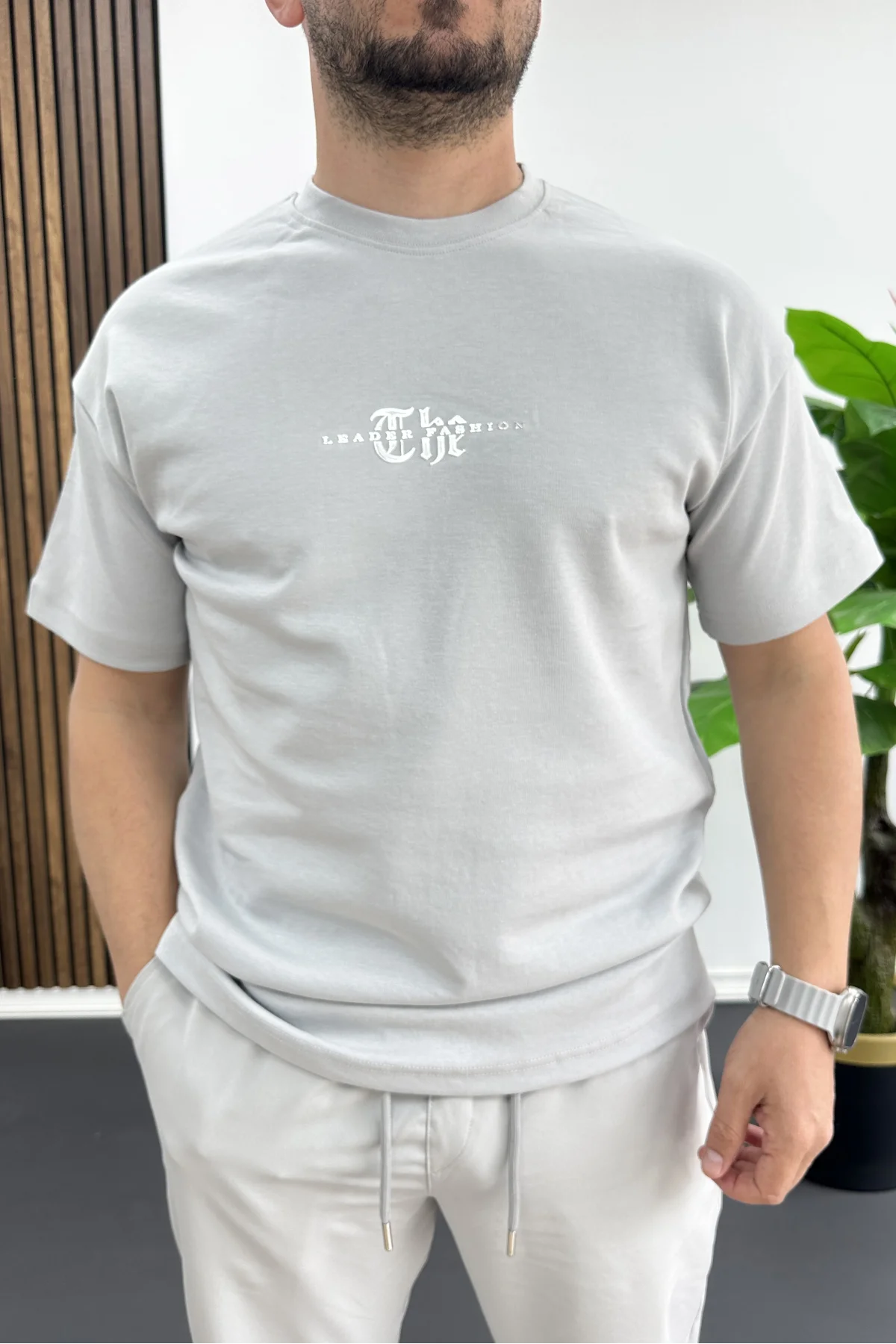 Erkek Kabartma Baskılı Slogan Tişört Gri Edw490