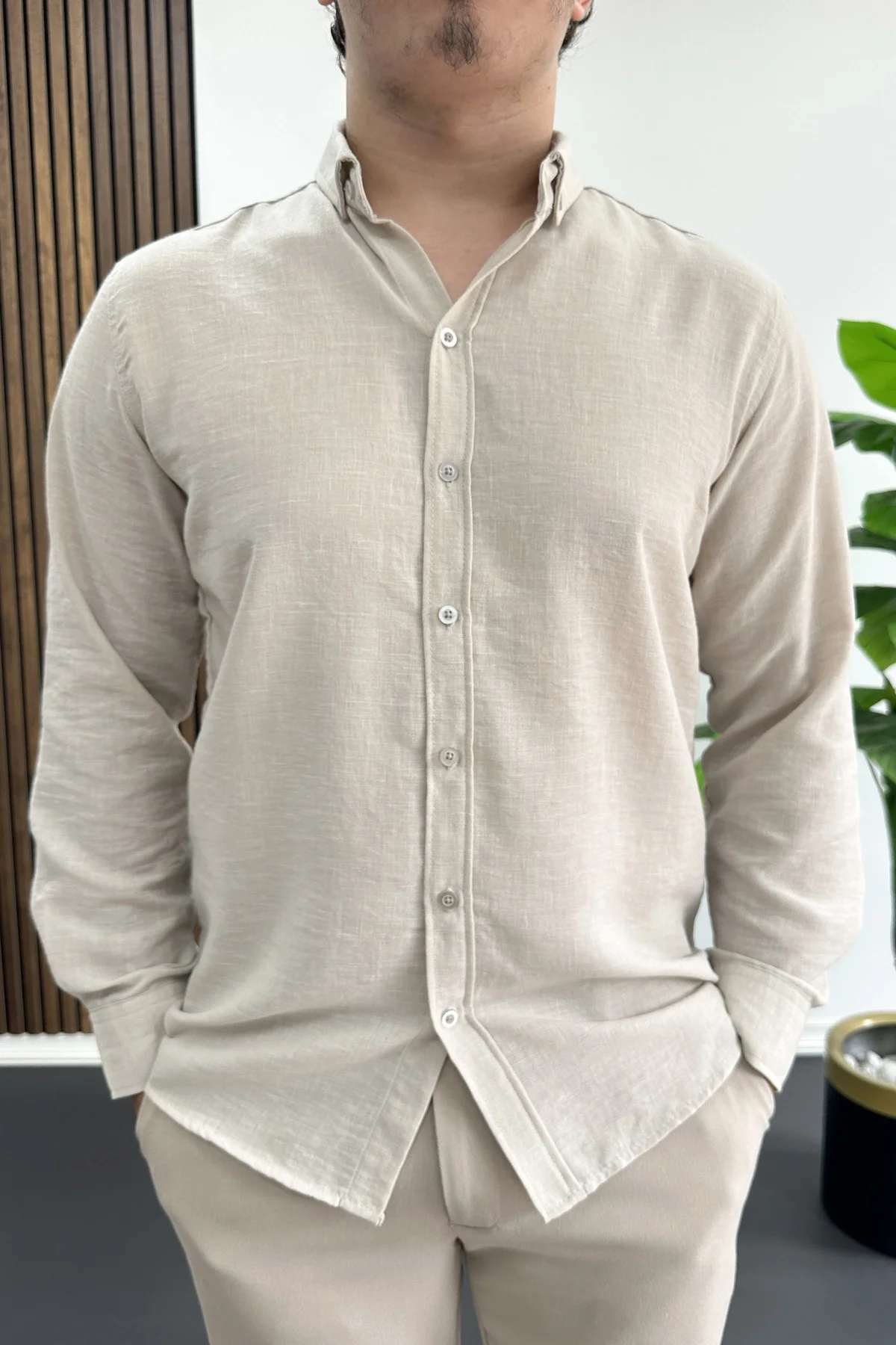 Erkek Keten Karışımlı Slim Fit Gömlek Bej Edw499