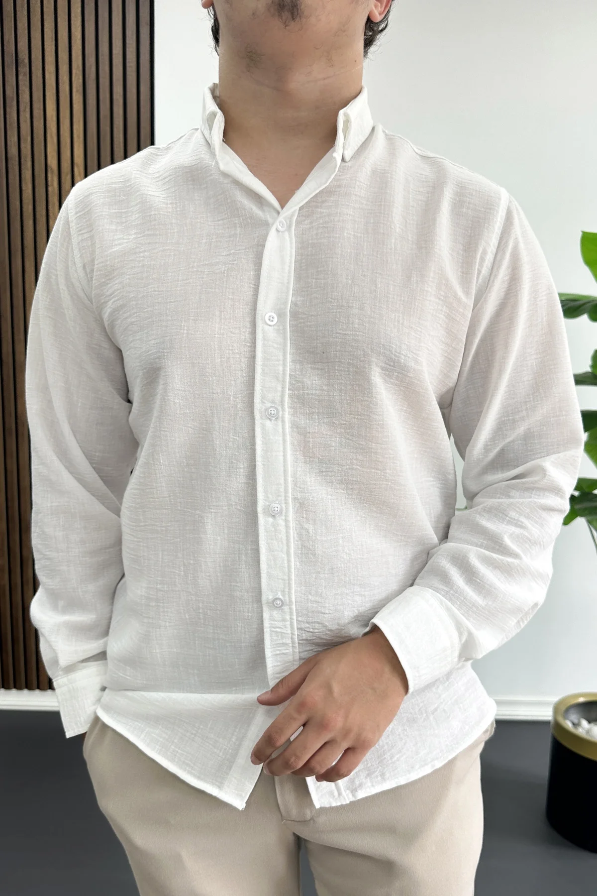 Erkek Keten Karışımlı Slim Fit Gömlek Beyaz Edw499