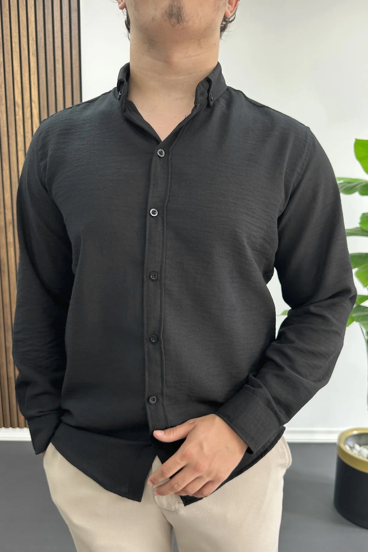 Erkek Keten Karışımlı Slim Fit Gömlek Siyah Edw499