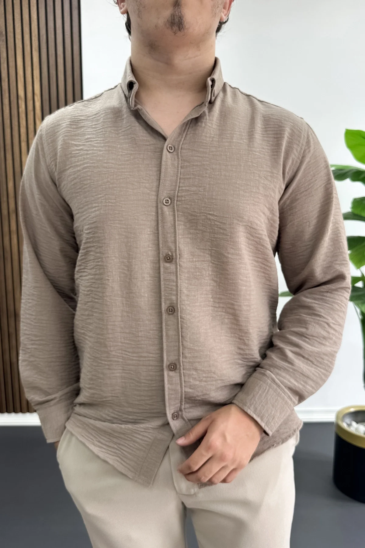 Erkek Keten Karışımlı Slim Fit Gömlek Vizon Edw499