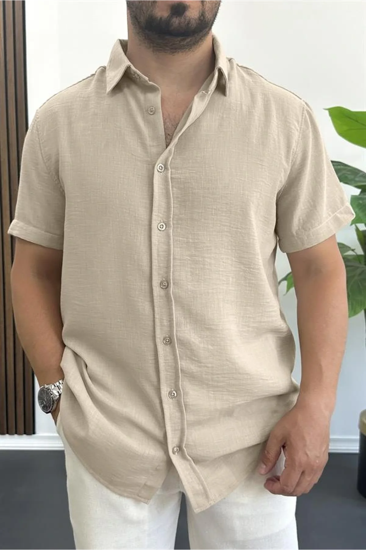 Erkek Kısa Kollu Keten Görünümlü Gömlek Bej Edw389