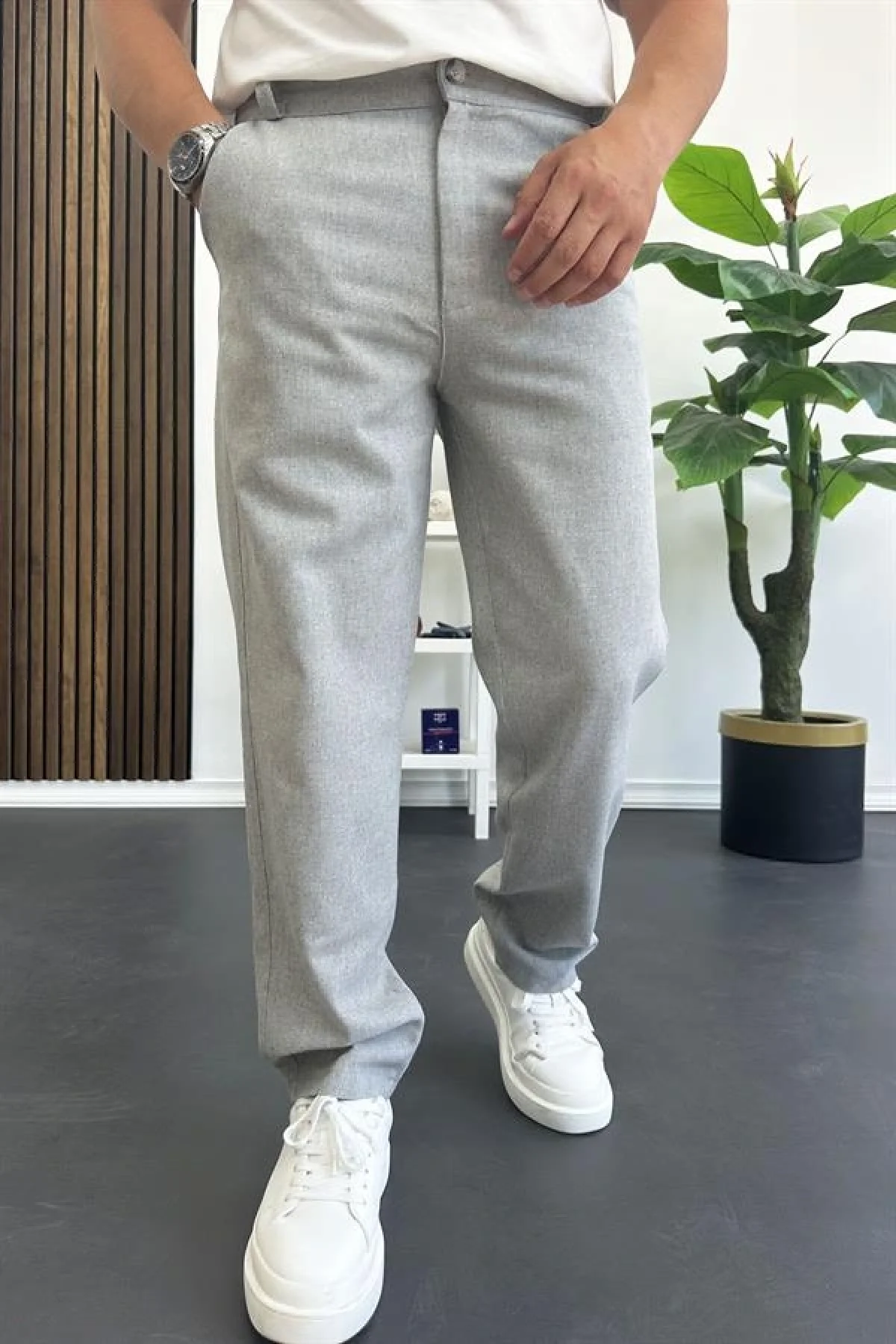 Erkek Normal Kesim Keten Pantolon Gri Edw386