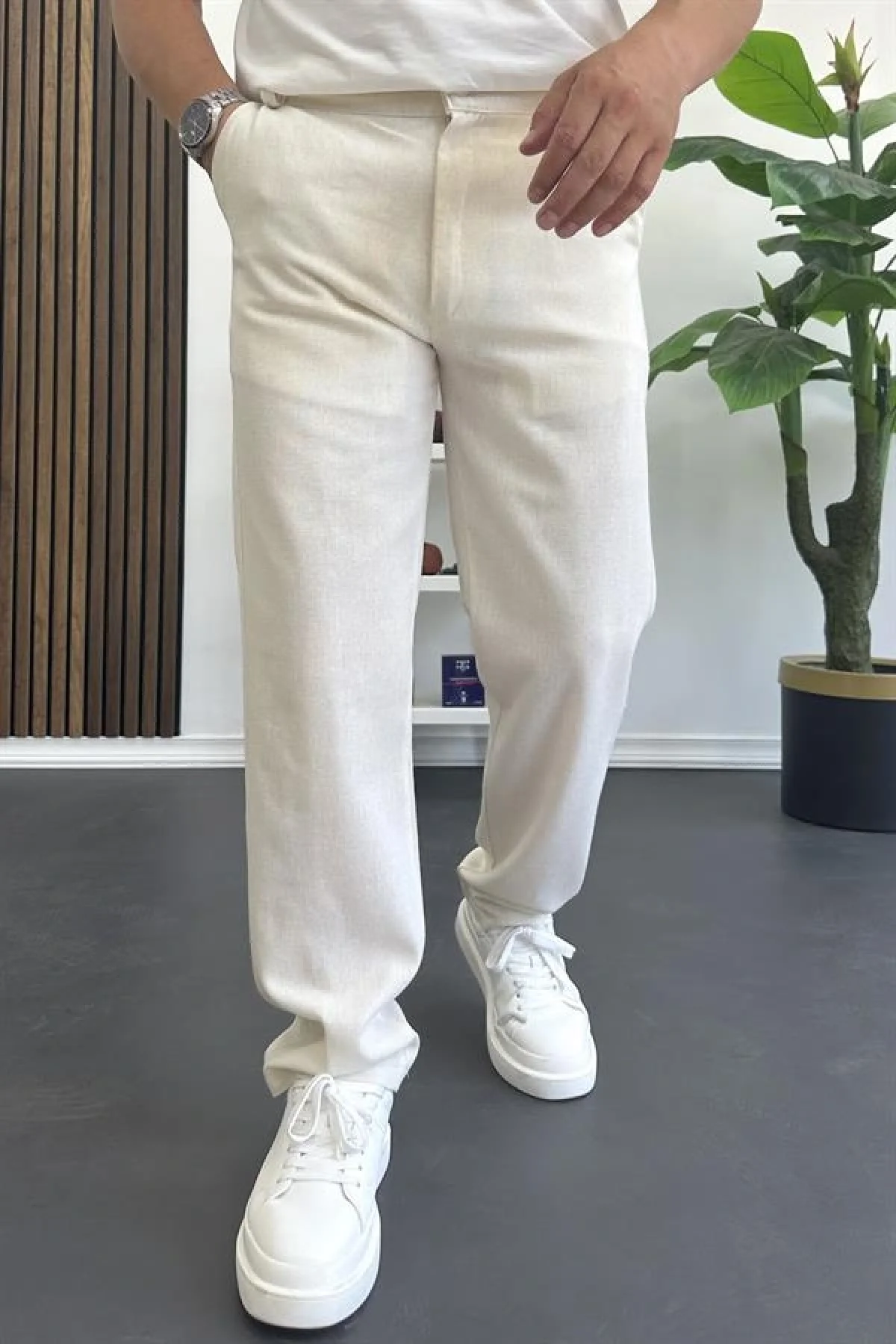 Erkek Normal Kesim Keten Pantolon Kırık Beyaz Edw386
