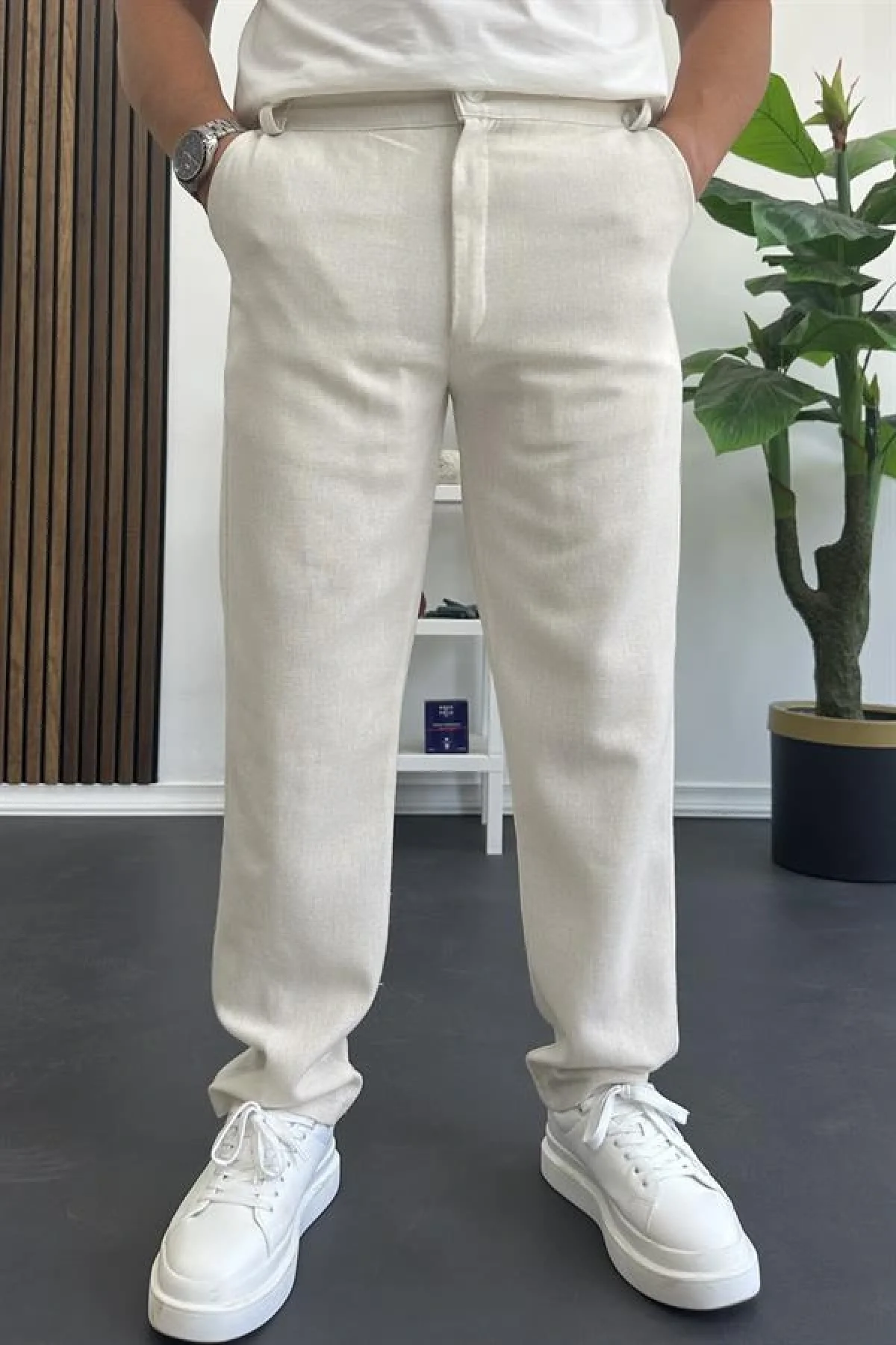 Erkek Normal Kesim Keten Pantolon Kırık Beyaz Edw386