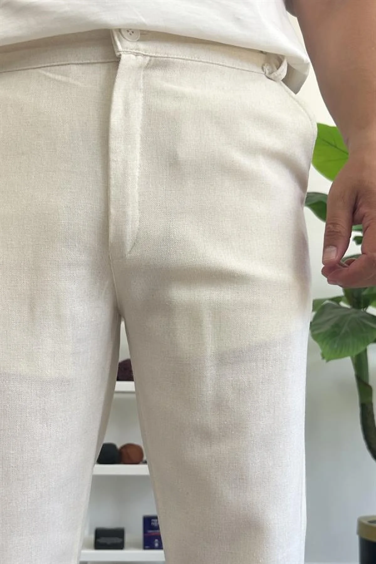 Erkek Normal Kesim Keten Pantolon Kırık Beyaz Edw386