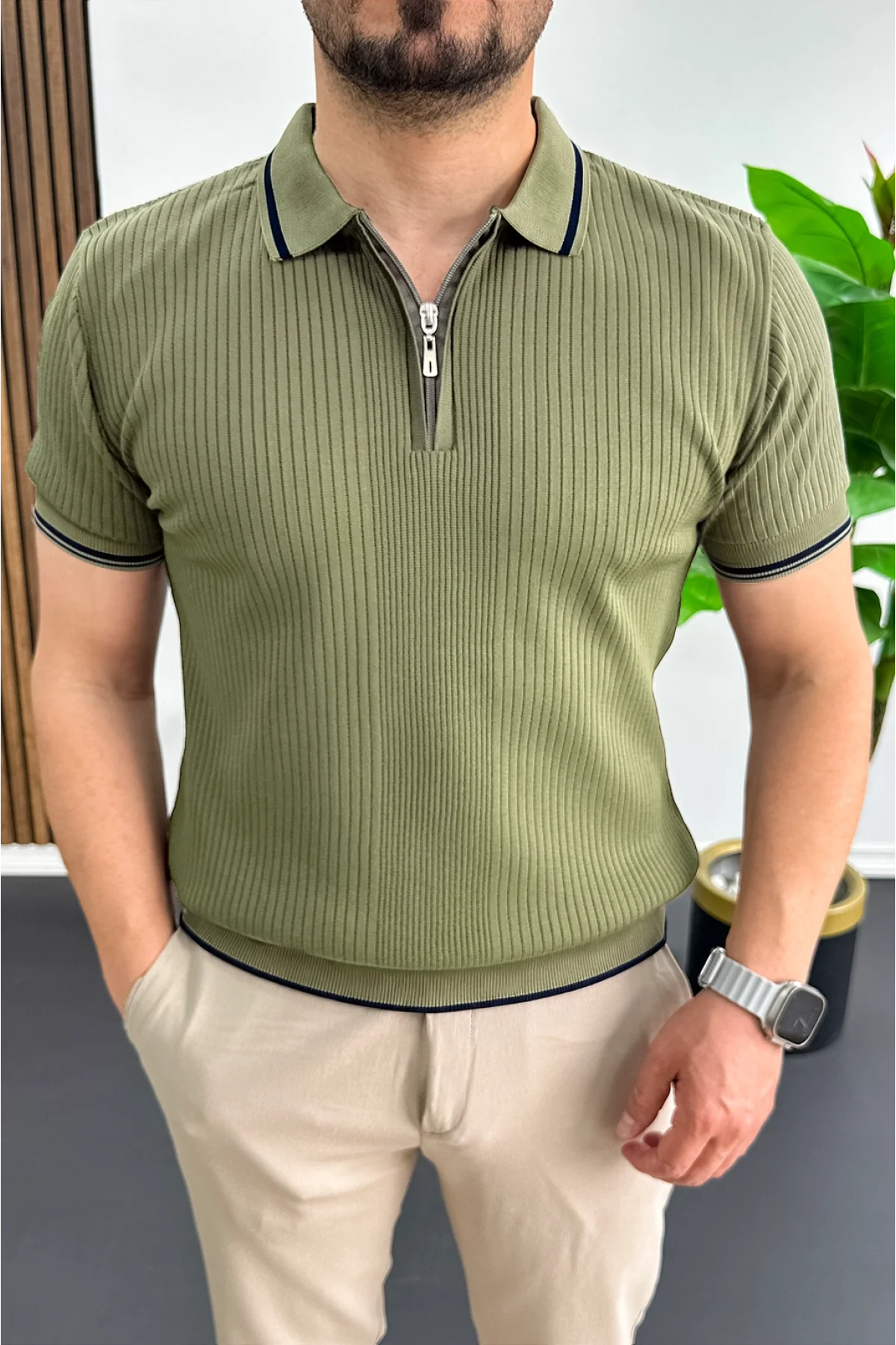 Erkek Polo Yaka Çizgili Tişört Haki Edw472