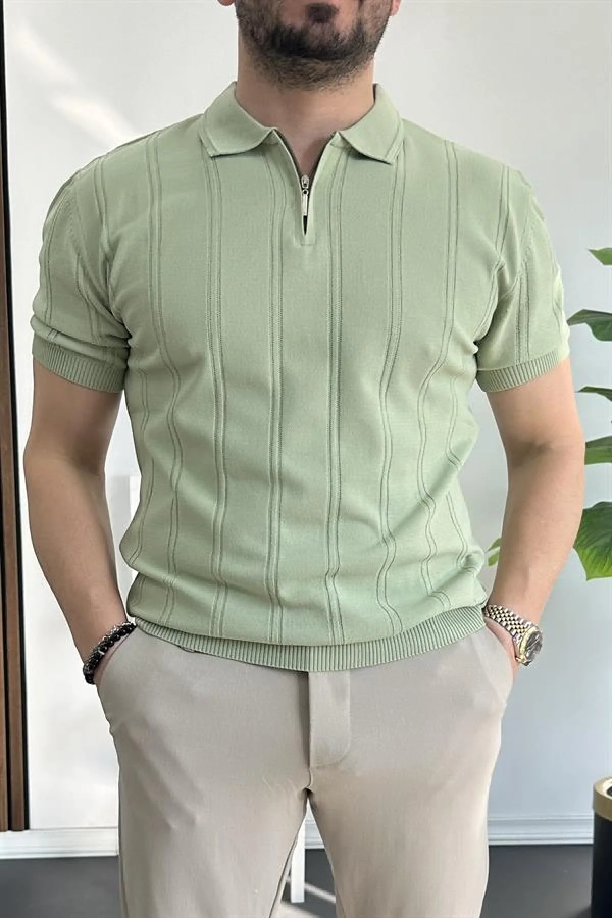 Erkek Polo Yaka Fermuarlı Desenli Tişört Açık Yeşil Edw262