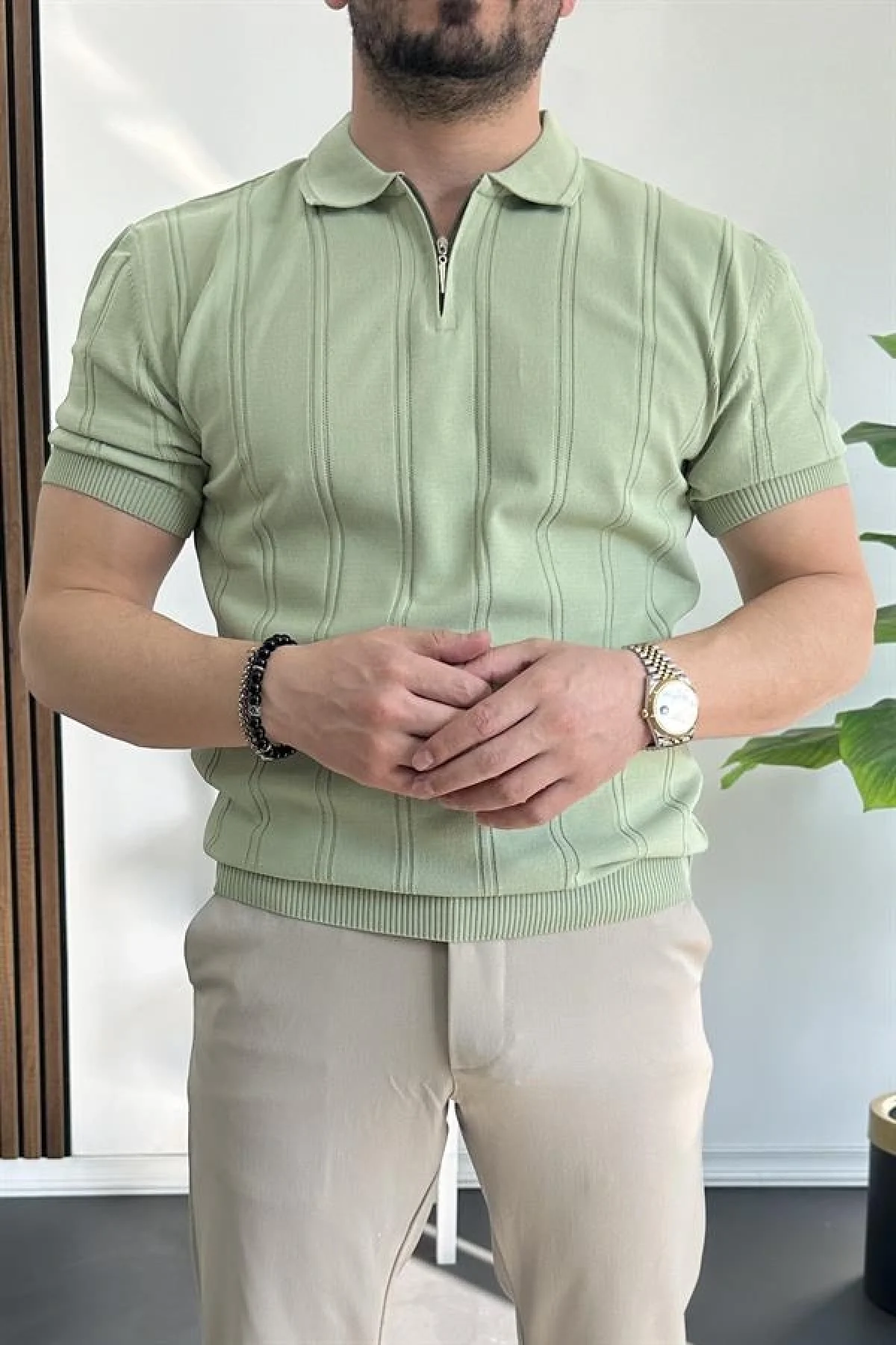 Erkek Polo Yaka Fermuarlı Desenli Tişört Açık Yeşil Edw262