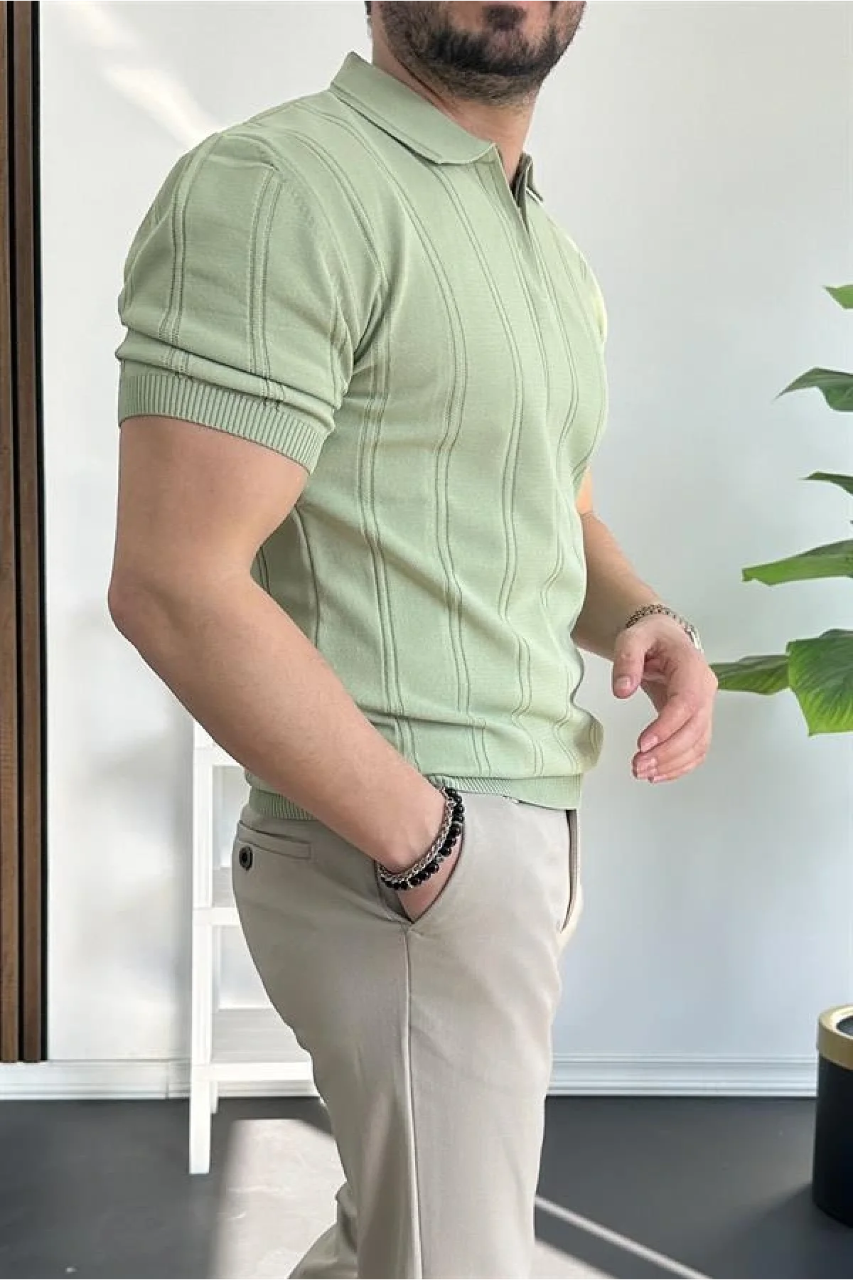 Erkek Polo Yaka Fermuarlı Desenli Tişört Açık Yeşil Edw262