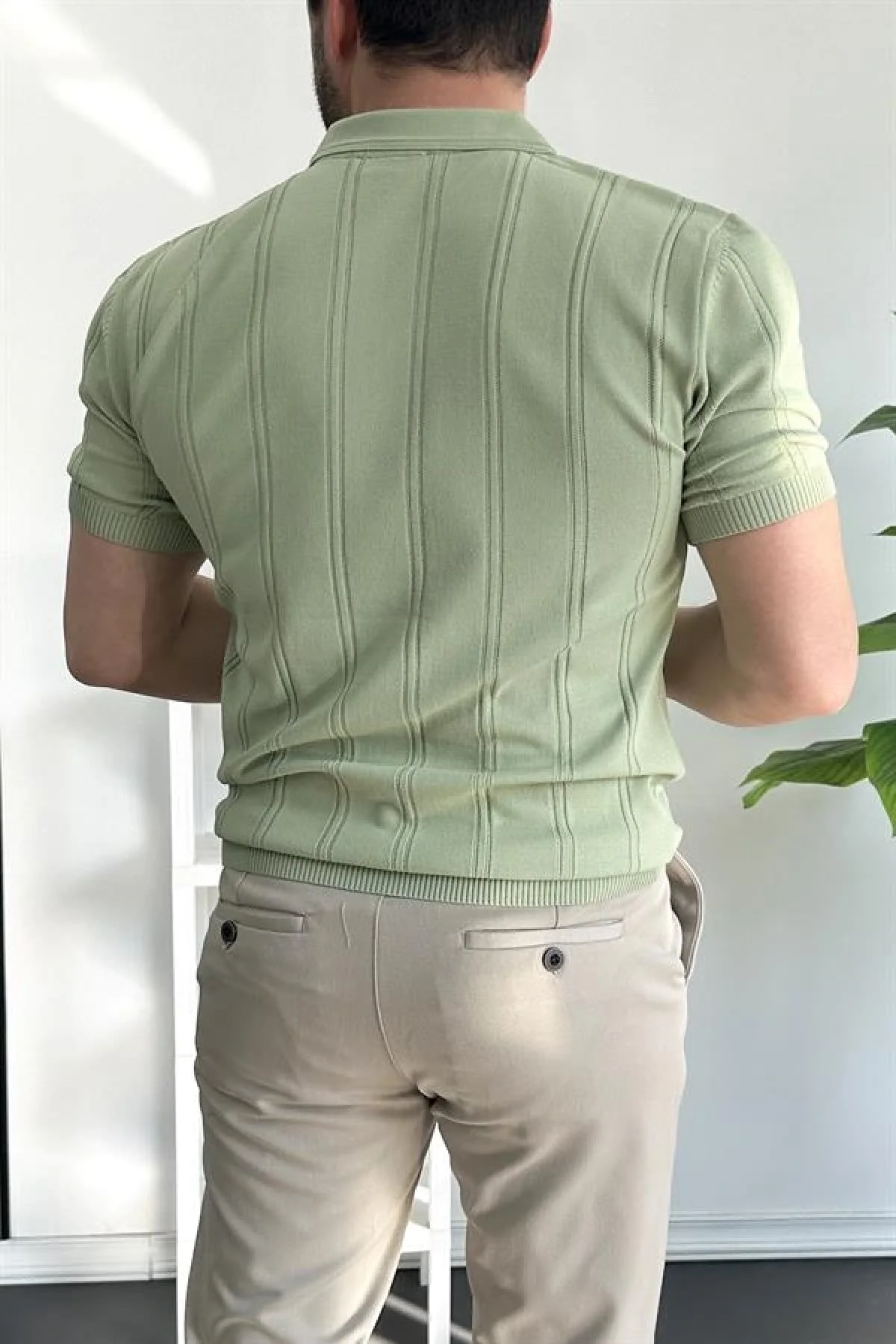 Erkek Polo Yaka Fermuarlı Desenli Tişört Açık Yeşil Edw262