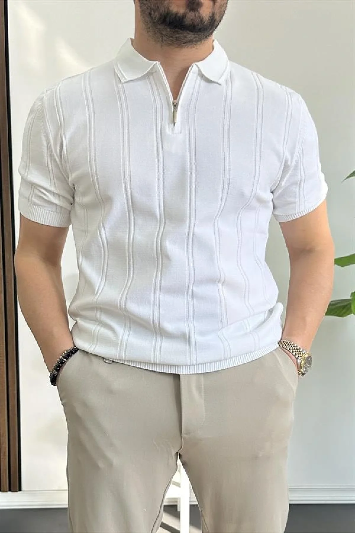 Erkek Polo Yaka Fermuarlı Desenli Tişört Beyaz Edw262