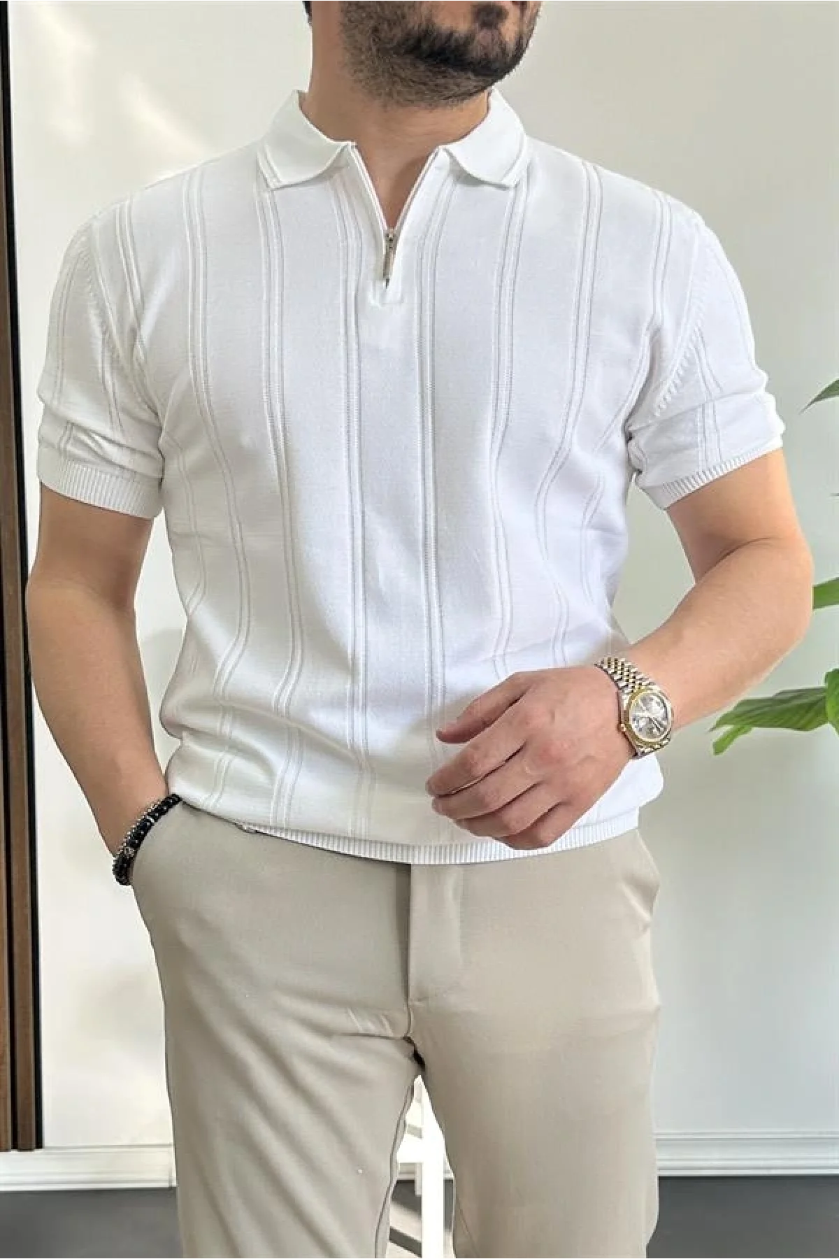 Erkek Polo Yaka Fermuarlı Desenli Tişört Beyaz Edw262