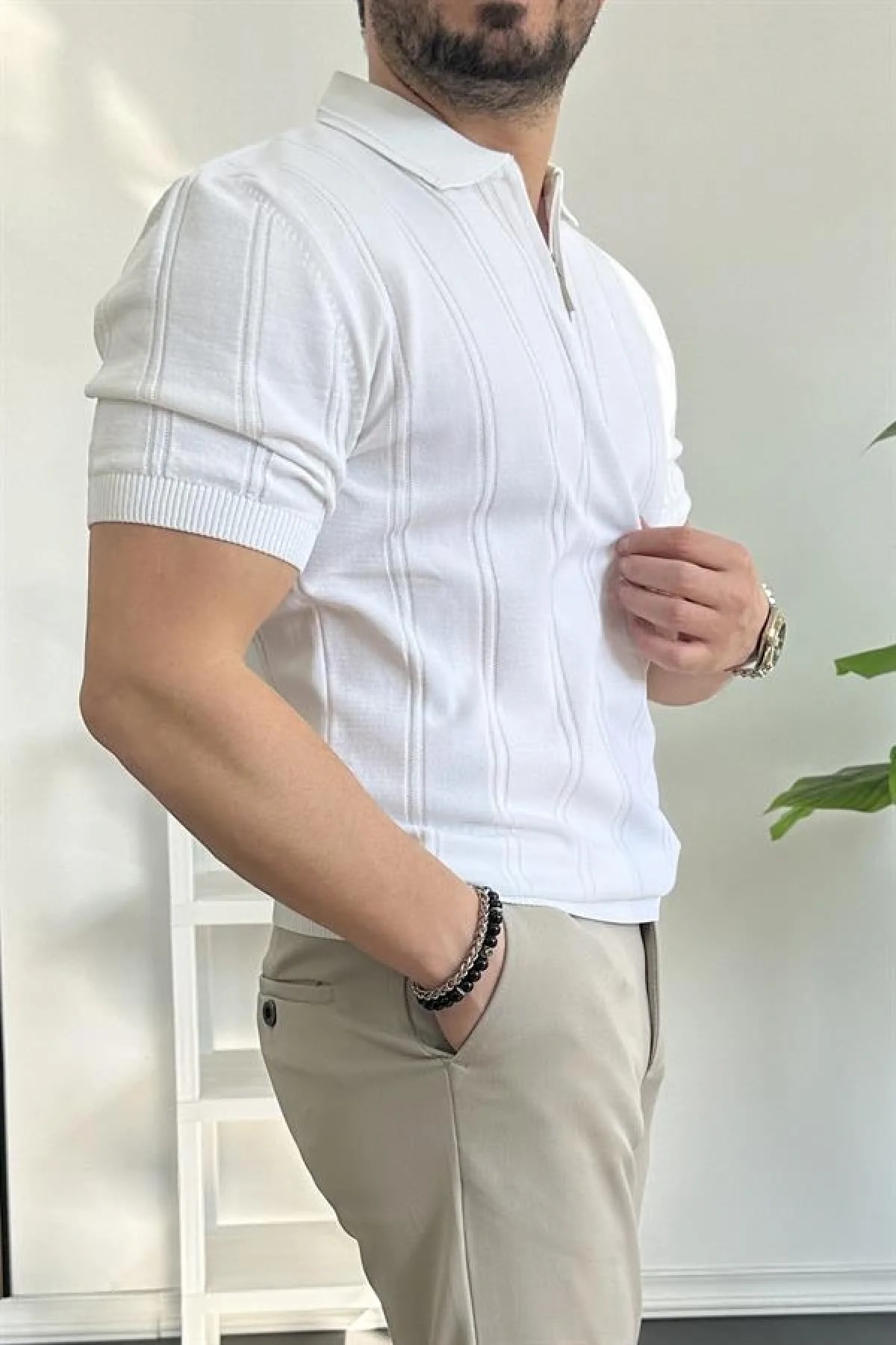 Erkek Polo Yaka Fermuarlı Desenli Tişört Beyaz Edw262