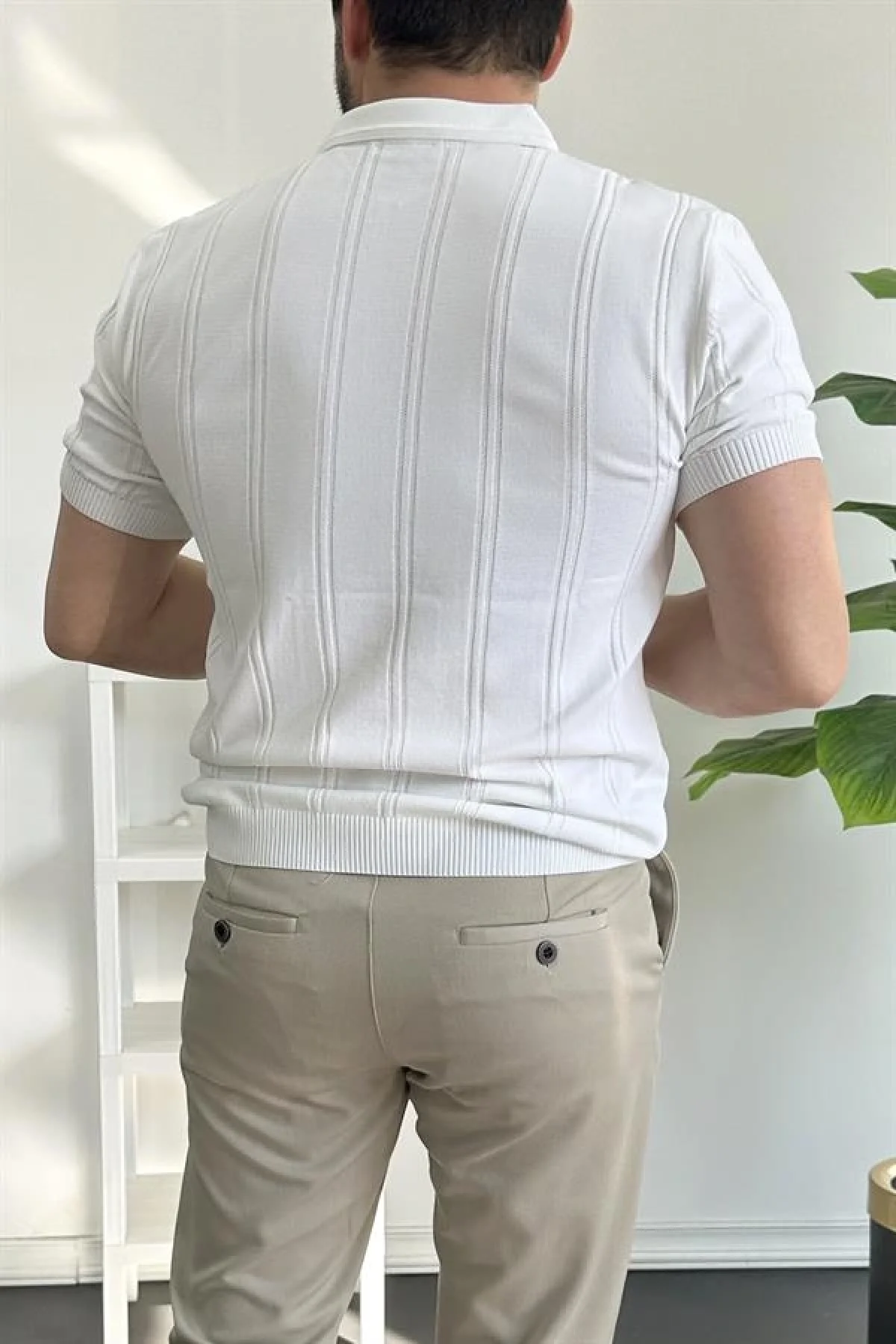 Erkek Polo Yaka Fermuarlı Desenli Tişört Beyaz Edw262