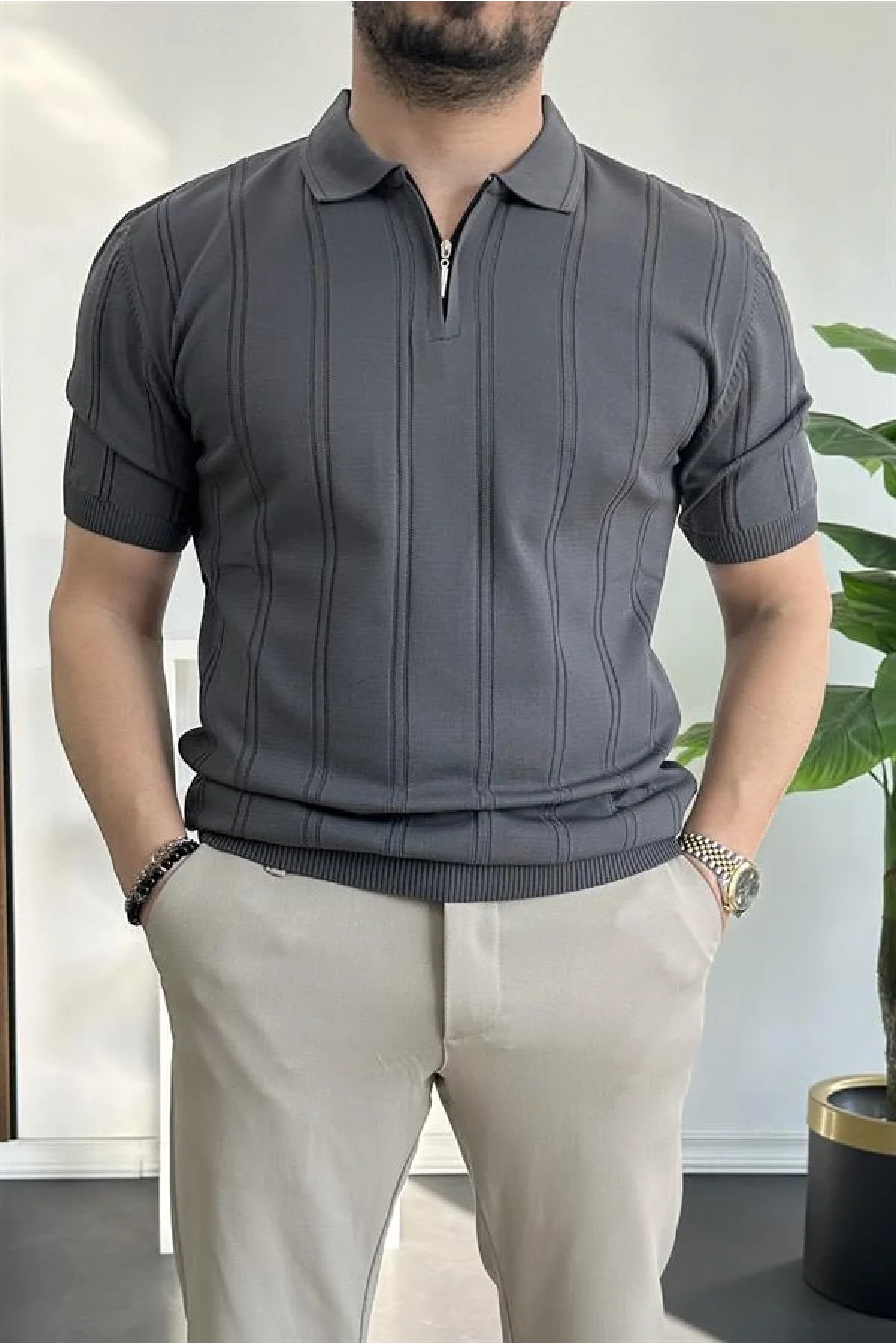 Erkek Polo Yaka Fermuarlı Desenli Tişört Füme Edw262