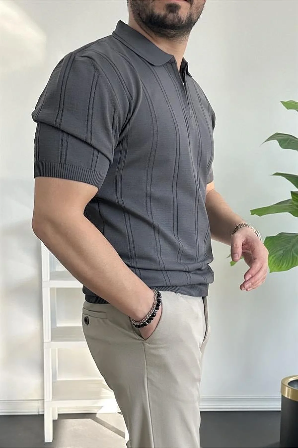 Erkek Polo Yaka Fermuarlı Desenli Tişört Füme Edw262