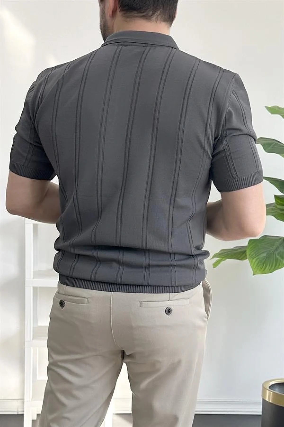 Erkek Polo Yaka Fermuarlı Desenli Tişört Füme Edw262