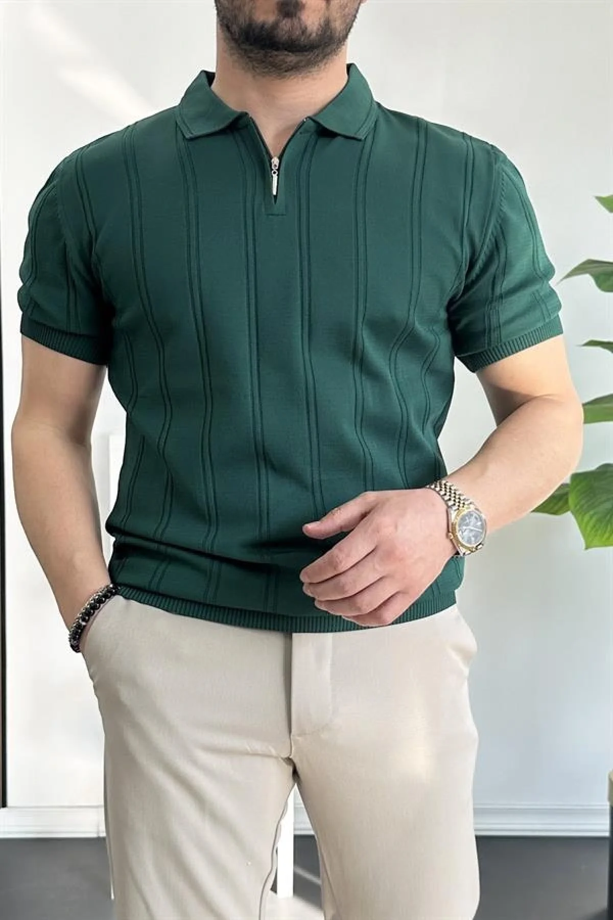 Erkek Polo Yaka Fermuarlı Desenli Tişört Koyu Yeşil Edw262