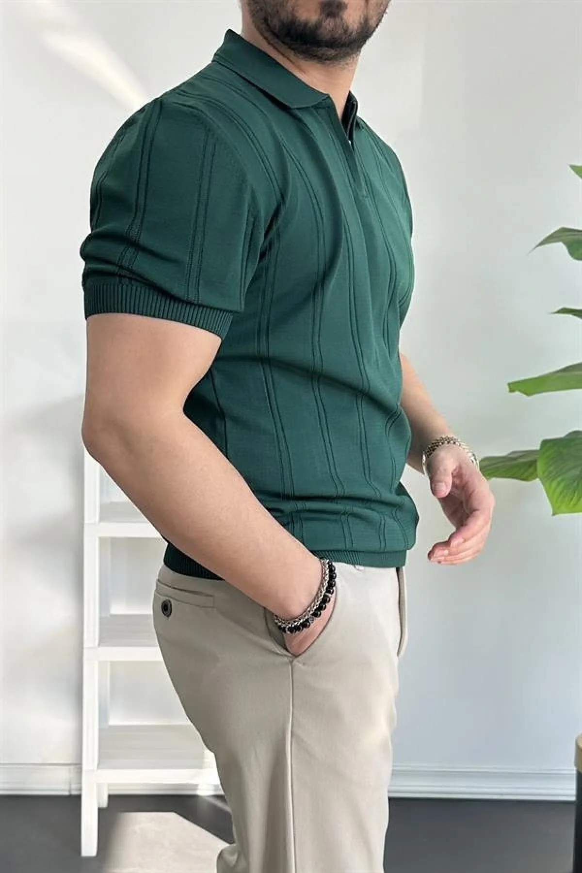 Erkek Polo Yaka Fermuarlı Desenli Tişört Koyu Yeşil Edw262