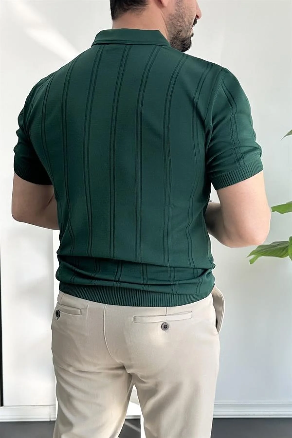 Erkek Polo Yaka Fermuarlı Desenli Tişört Koyu Yeşil Edw262