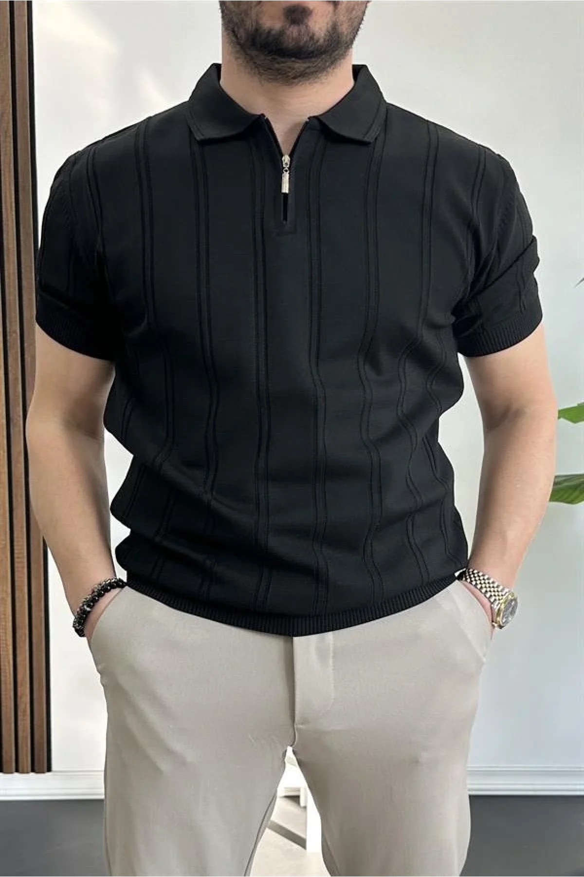 Erkek Polo Yaka Fermuarlı Desenli Tişört Siyah Edw262