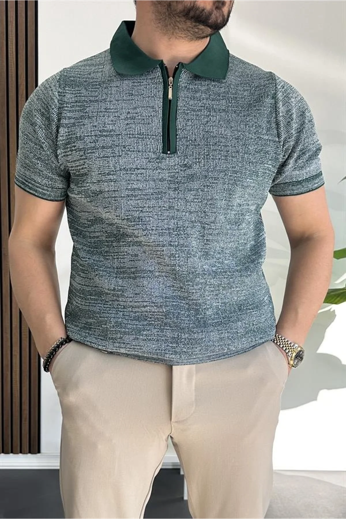 Erkek Polo Yaka Fermuarlı Renk Desenli Tişört Yeşil Edw263