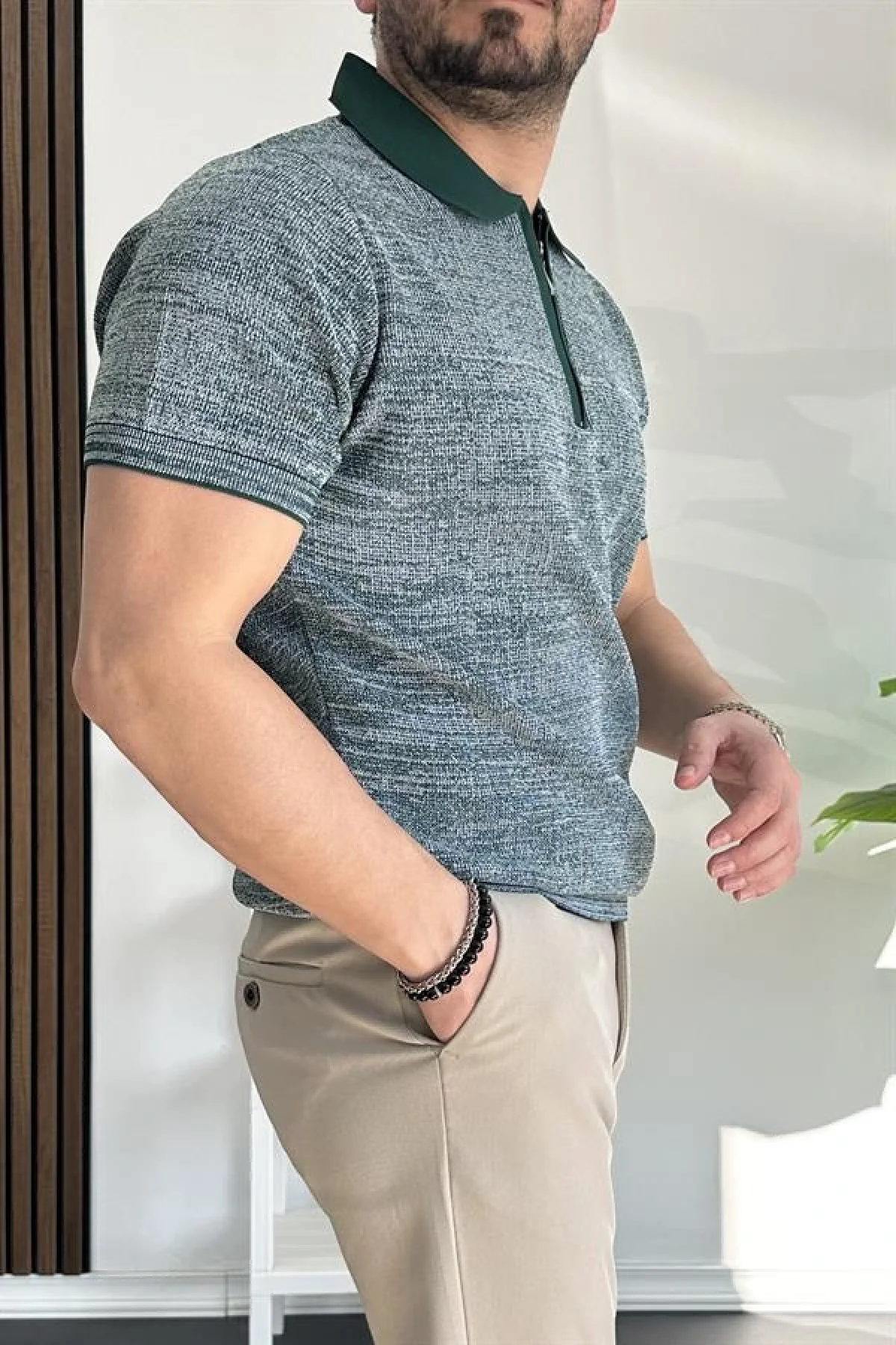 Erkek Polo Yaka Fermuarlı Renk Desenli Tişört Yeşil Edw263