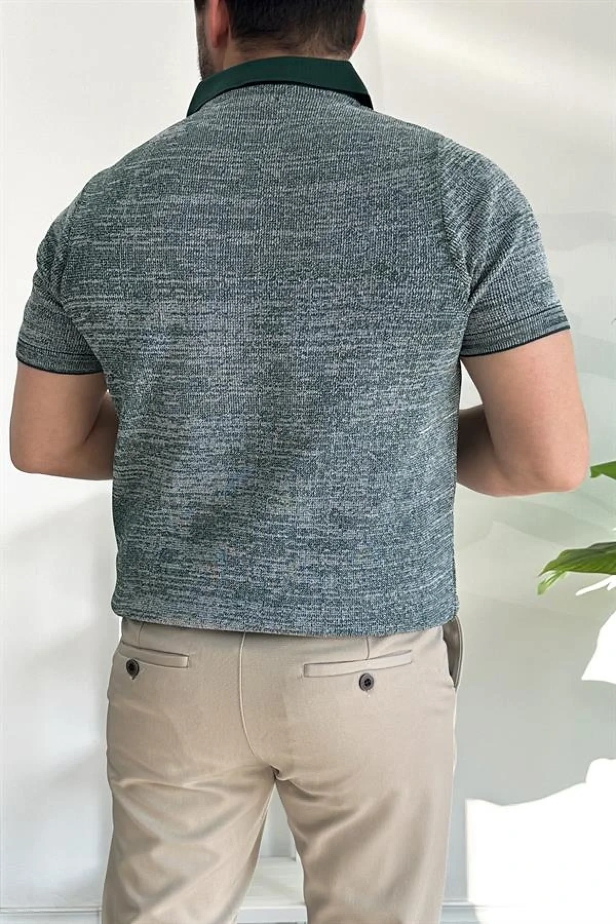 Erkek Polo Yaka Fermuarlı Renk Desenli Tişört Yeşil Edw263