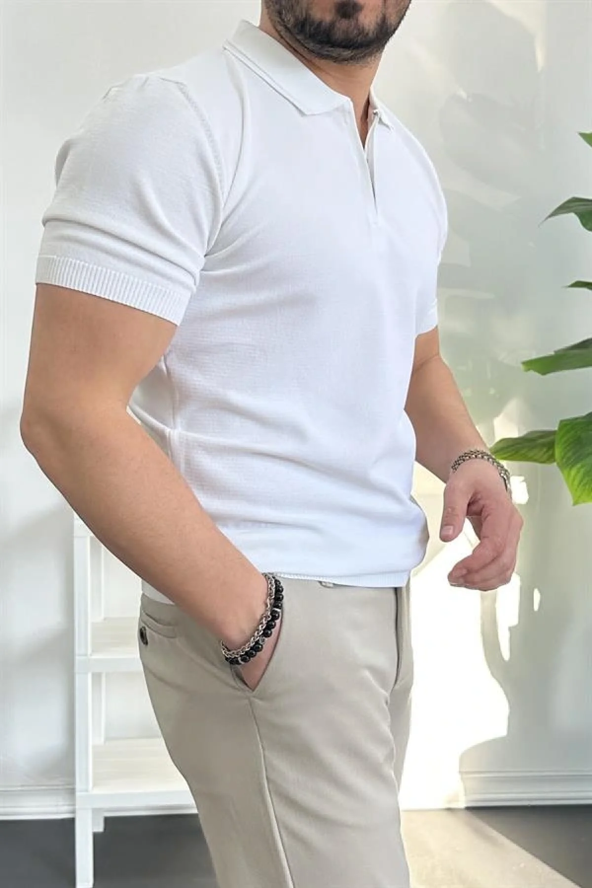 Erkek Polo Yaka Polo Yaka Fermuarlı Düz Tişört Beyaz Edw261