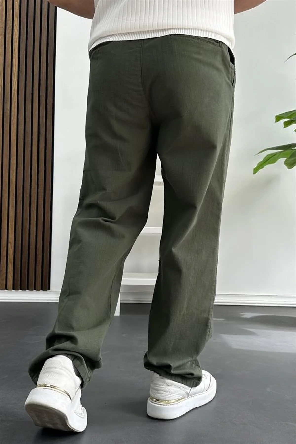 Erkek Rahat Kalıp Keten Pantolon Yeşil Edw266