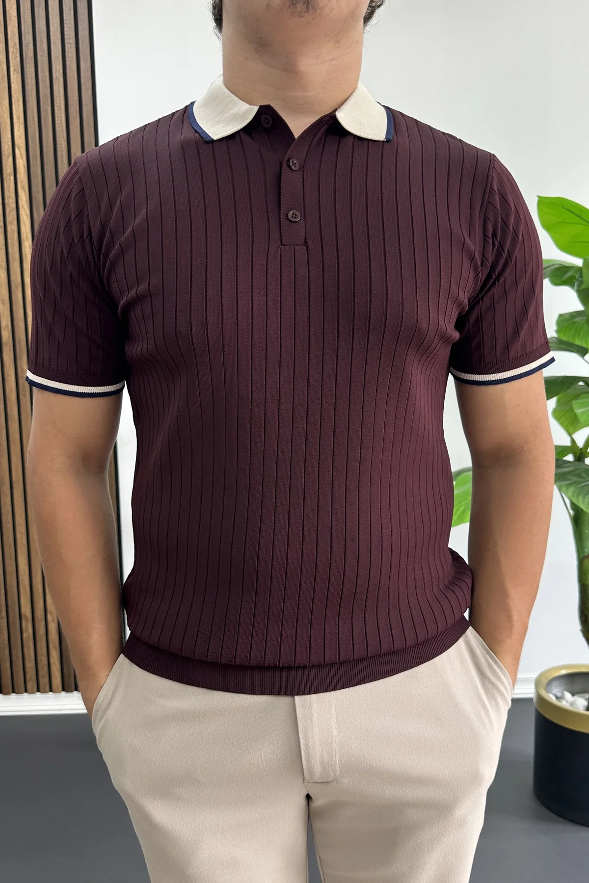 Erkek Şerit Detaylı Polo Yaka Tişört Bordo Edw497
