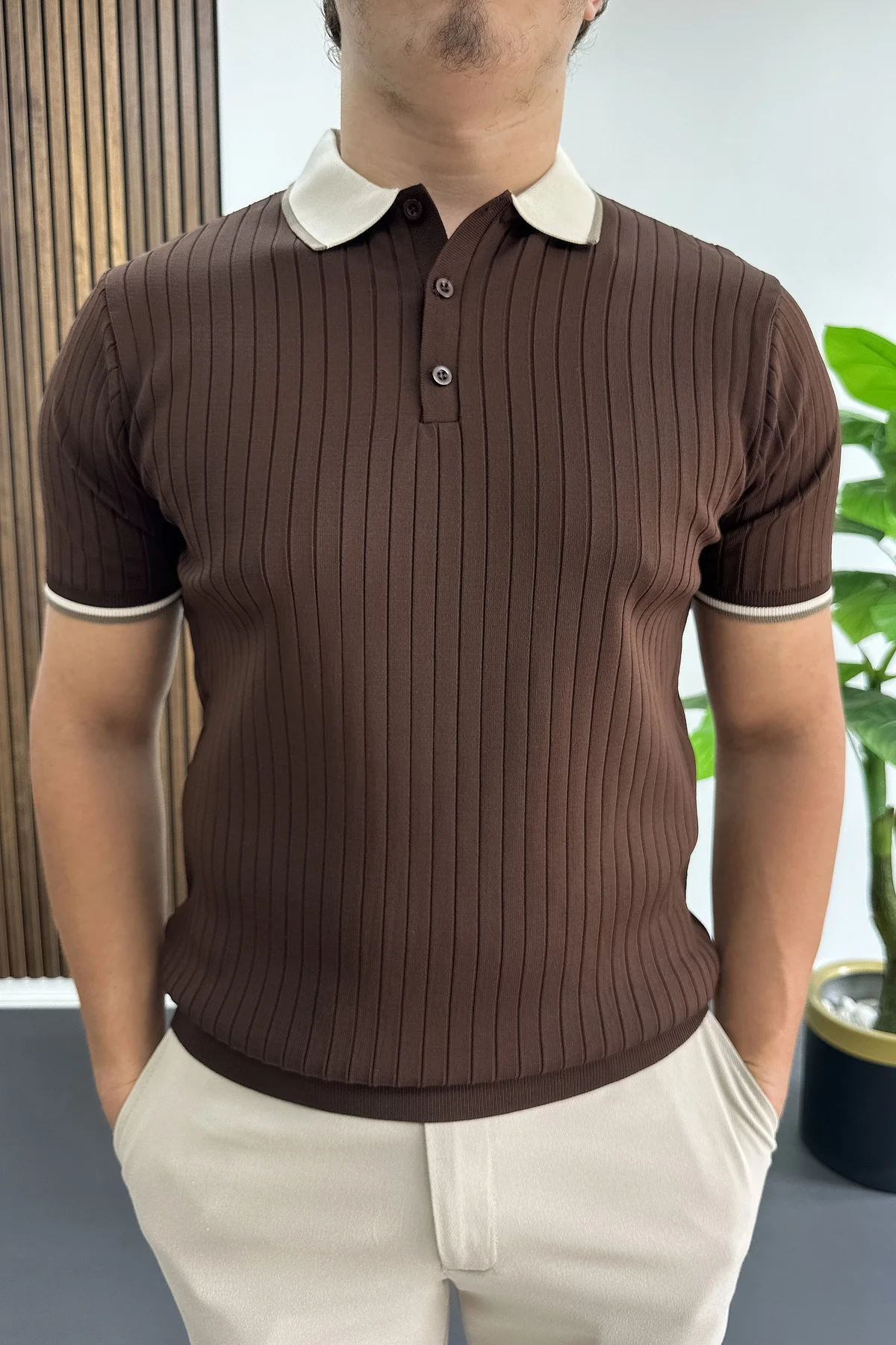 Erkek Şerit Detaylı Polo Yaka Tişört Kahverengi Edw497