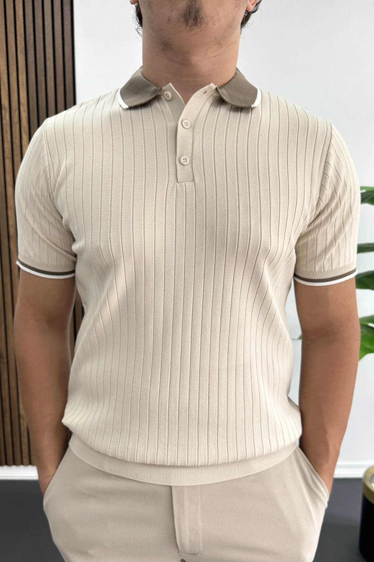 Erkek Şerit Detaylı Polo Yaka Tişört Krem Edw497